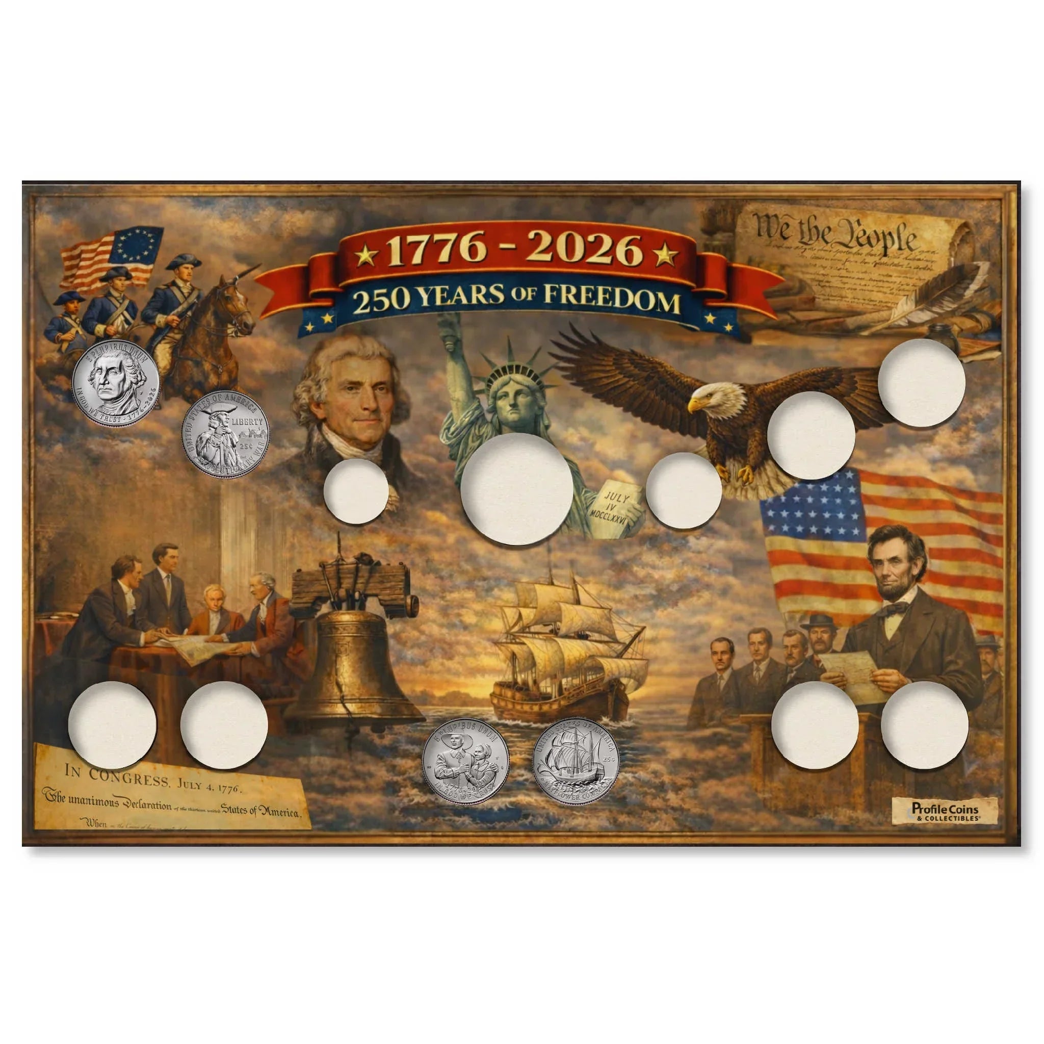 1776-2026 American 250th Anniversary Semiquincentennial Display Board with Mayflower & Revolutionary Quarters
