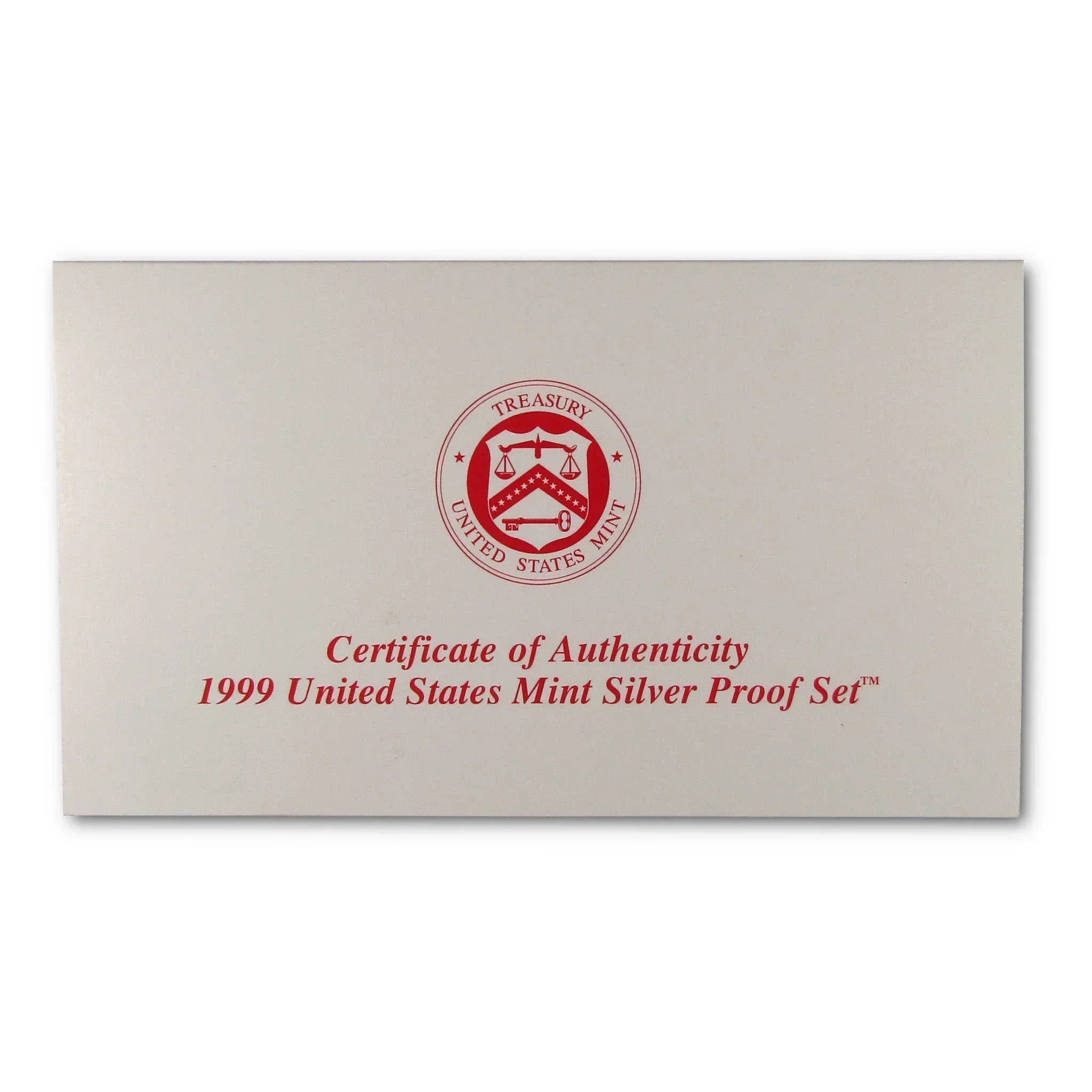 1999 United States Mint Silver Proof Set certificate of authenticity with Treasury seal