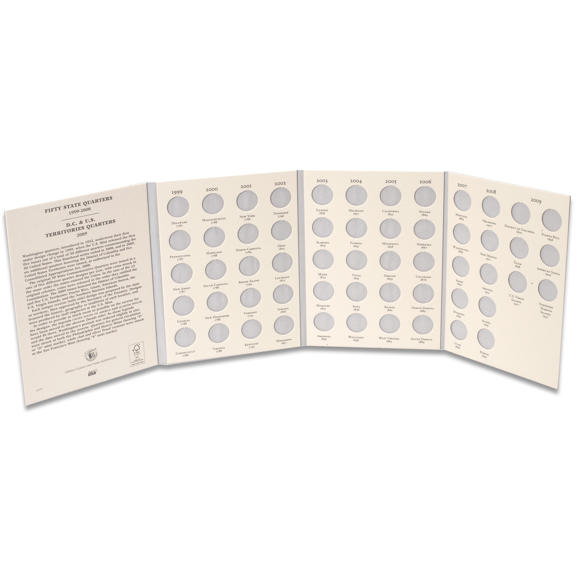1999-2008 Statehood 2009 D.C. & U.S. Territories Quarter Folder