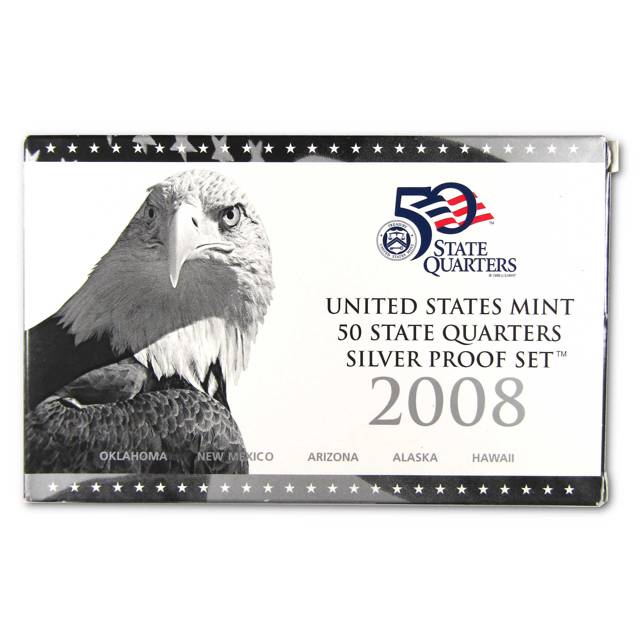 2008 United States Mint 50 State Quarters silver proof set box with bald eagle