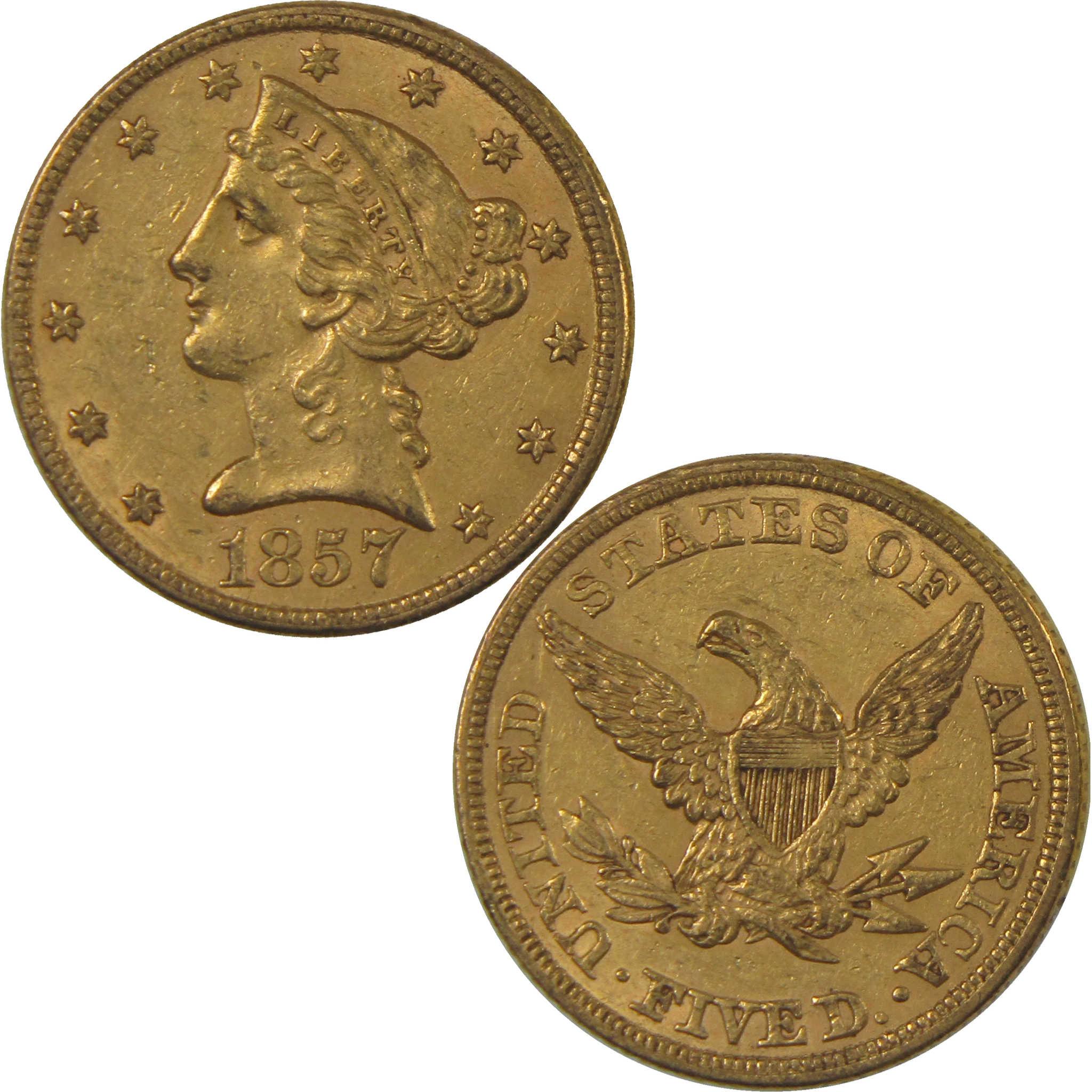 1857 Liberty Head Gold Half Eagle AU About Uncirculated $5 Coin