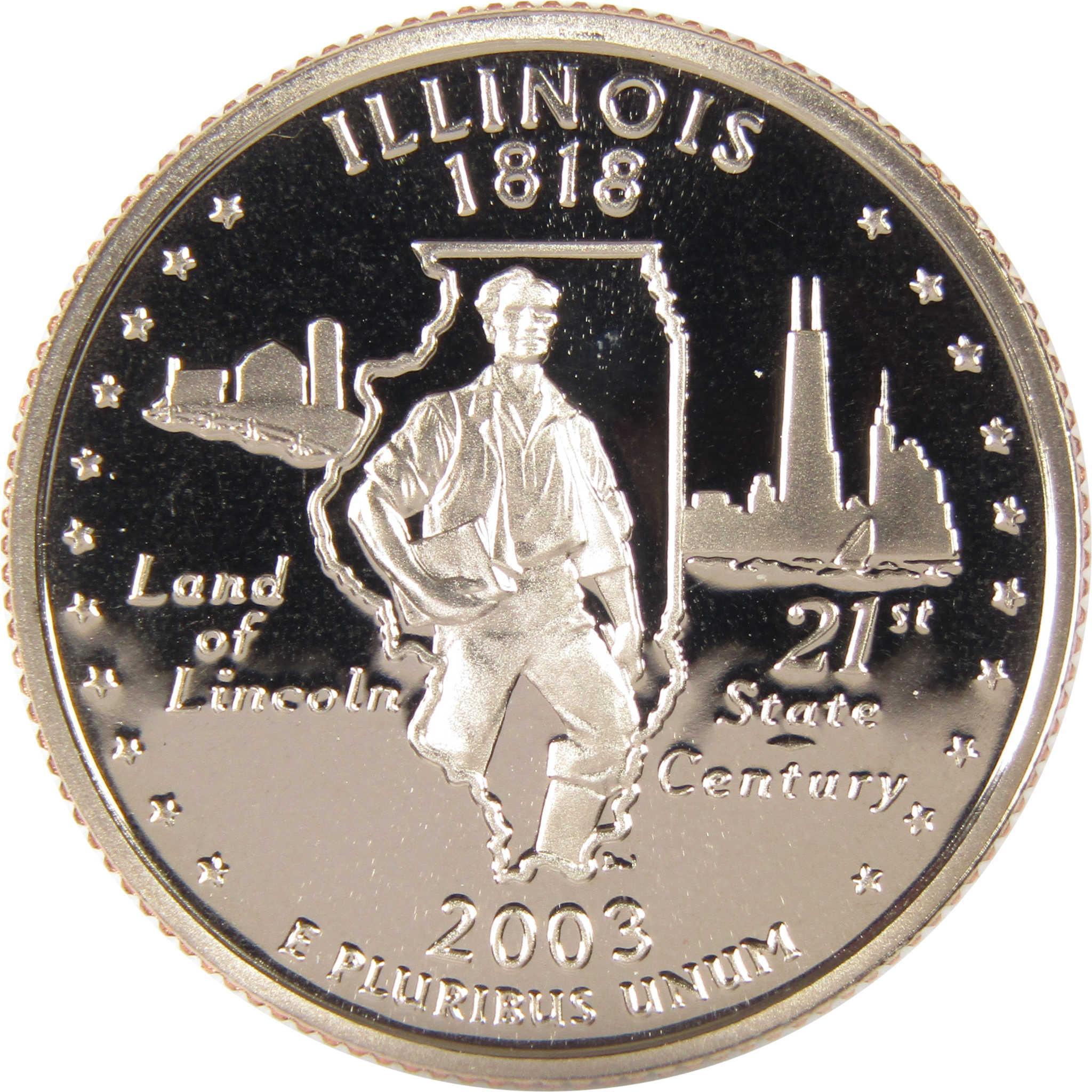 2003 Illinois state quarter featuring Abraham Lincoln, state outline, and Chicago skyline.