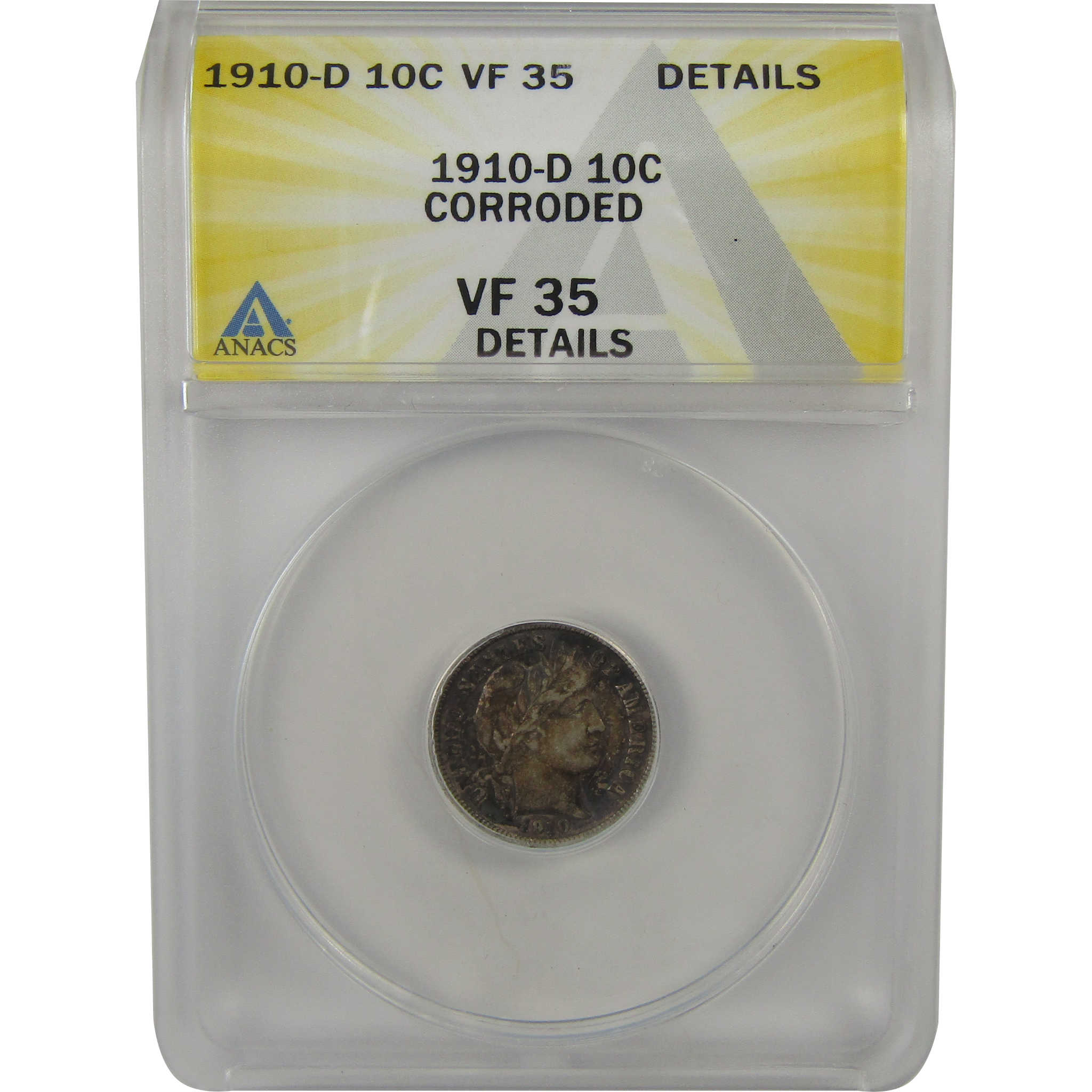 1910 D Barber Dime VF 35 Details ANACS Silver 10c Coin SKU:I22324