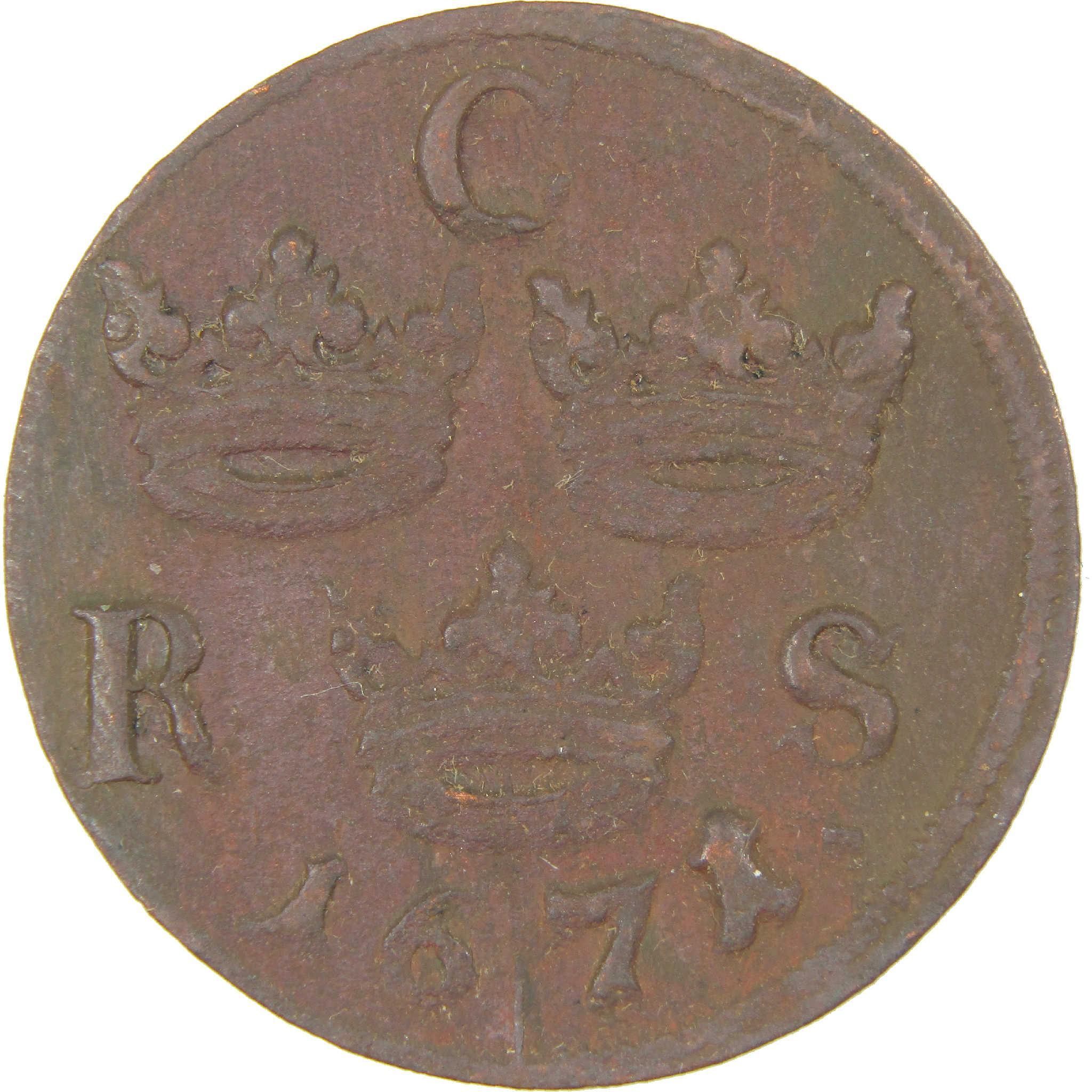1666-1686 Charles XI 1/6 Ore XF EF Extremely Fine Copper Coin