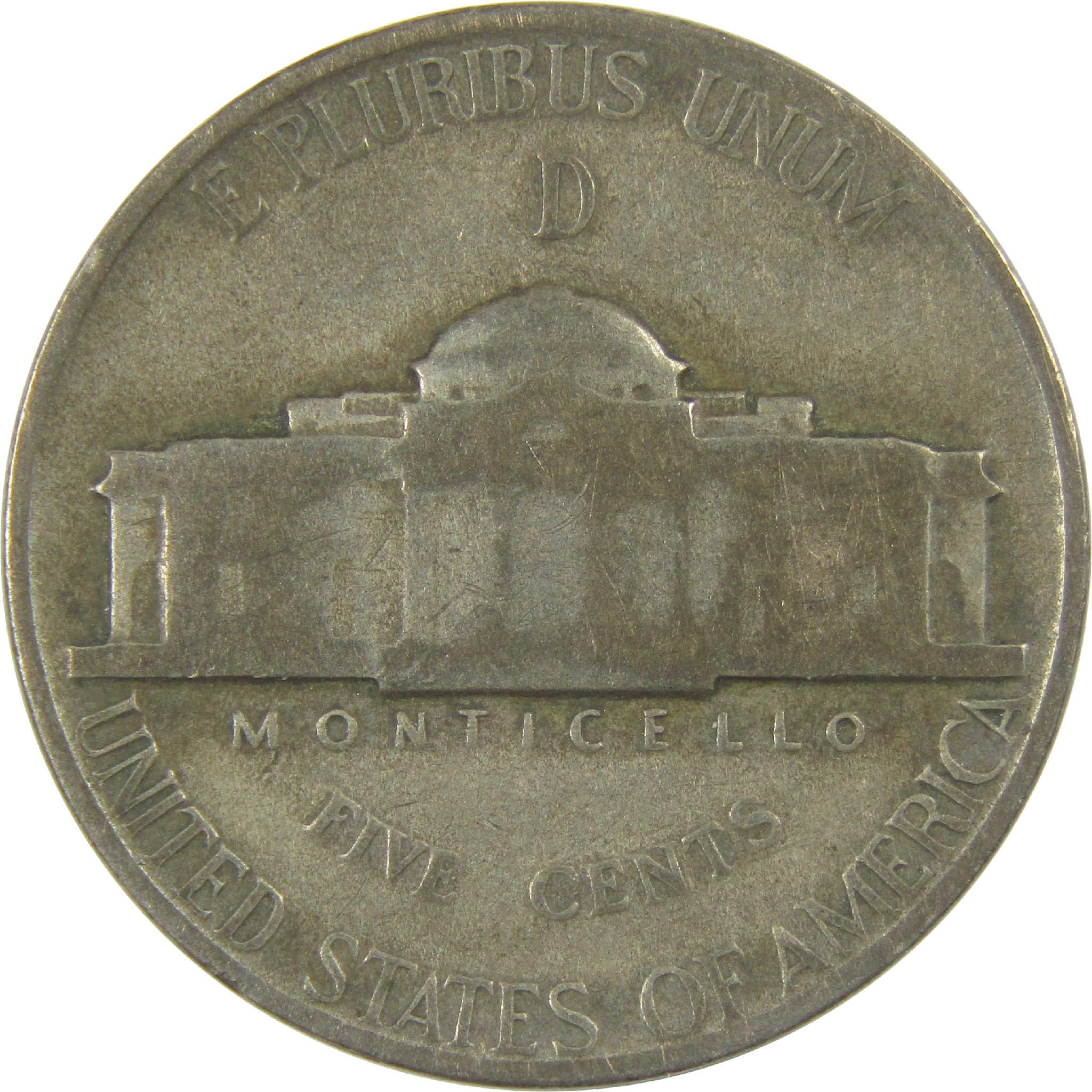 1943 D Jefferson Nickel Circulated Wartime Silver 5c Coin Collectible