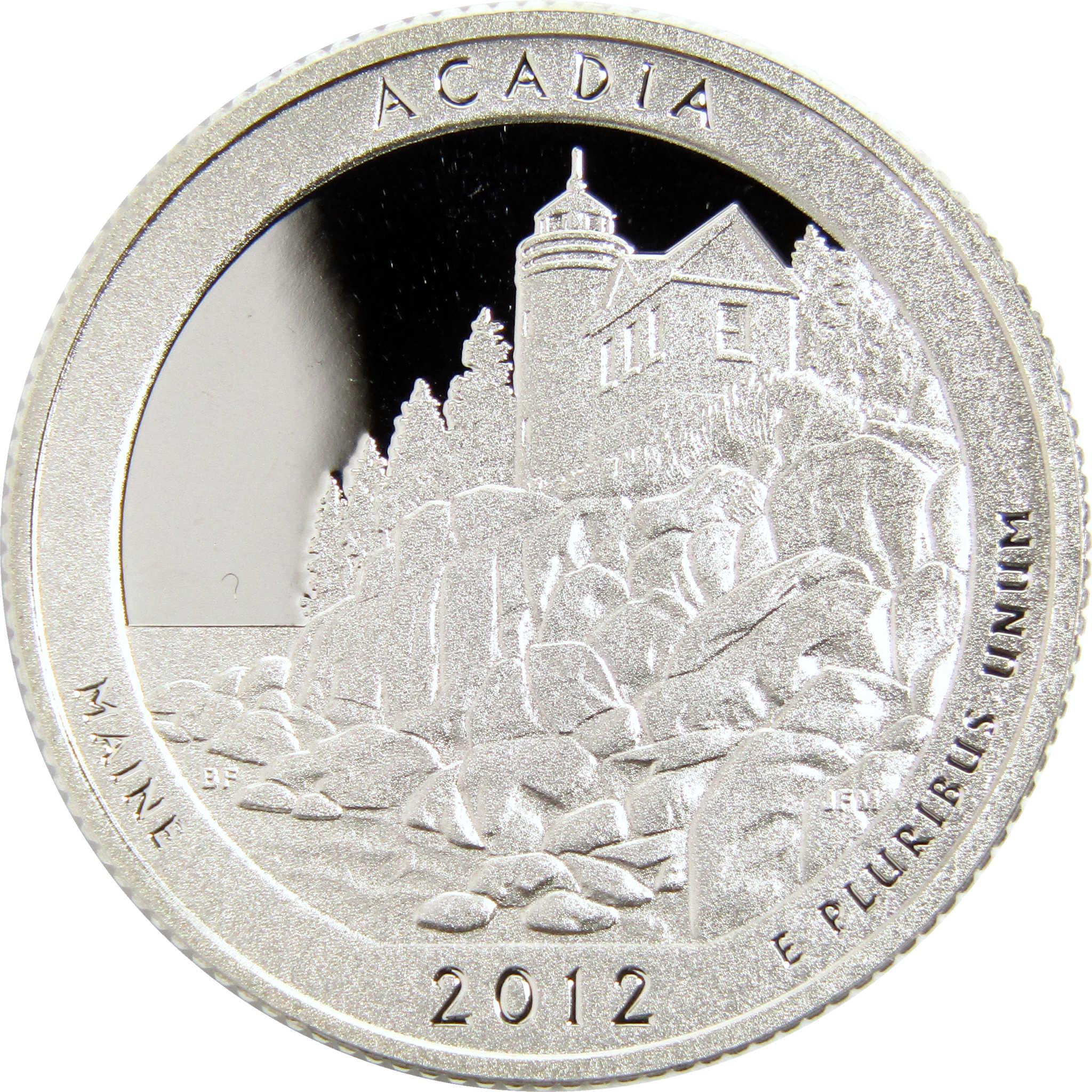 2012 Acadia National Park Maine quarter with lighthouse and rocky coast design