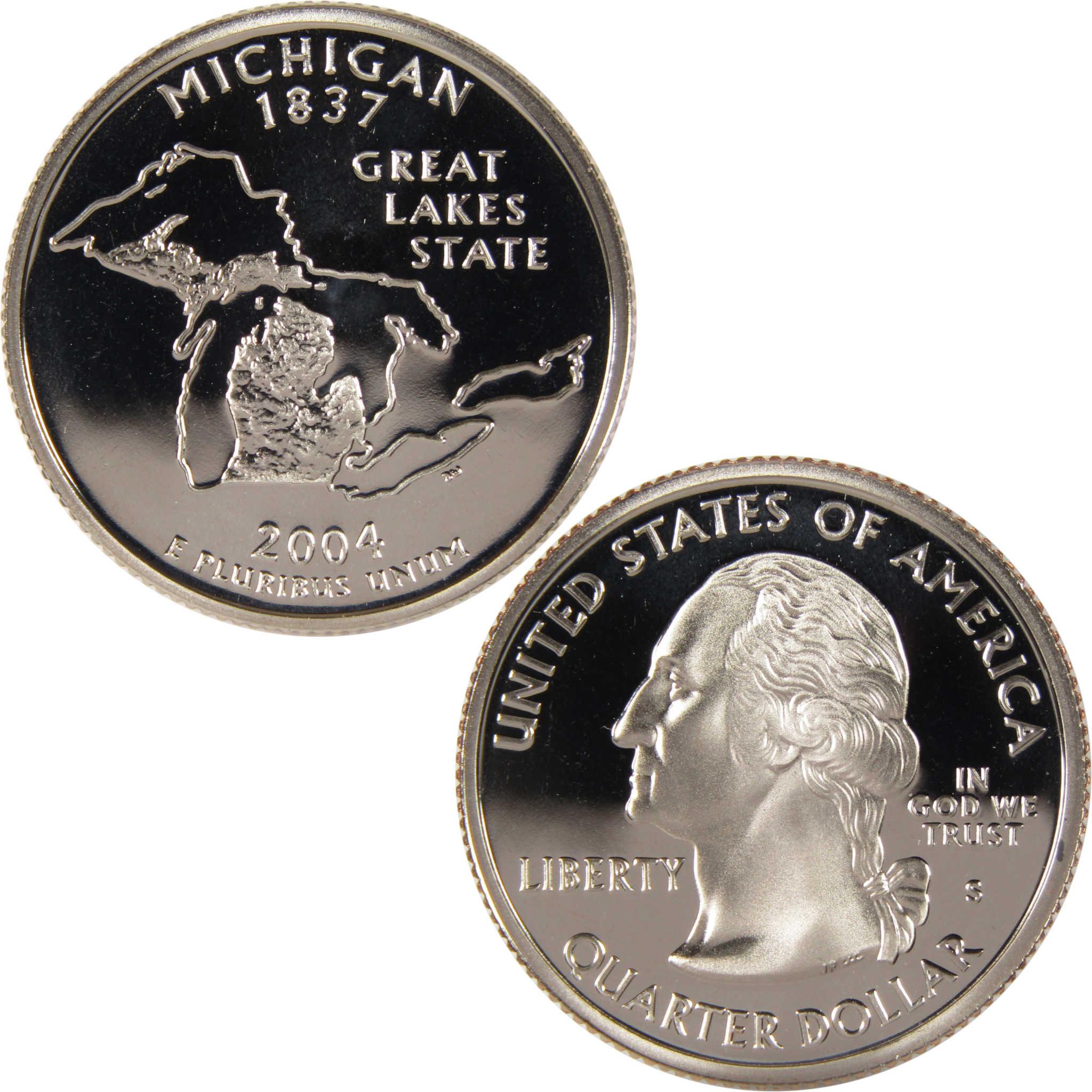 2004 Michigan state quarter, collectible coin showing Great Lakes map and George Washington