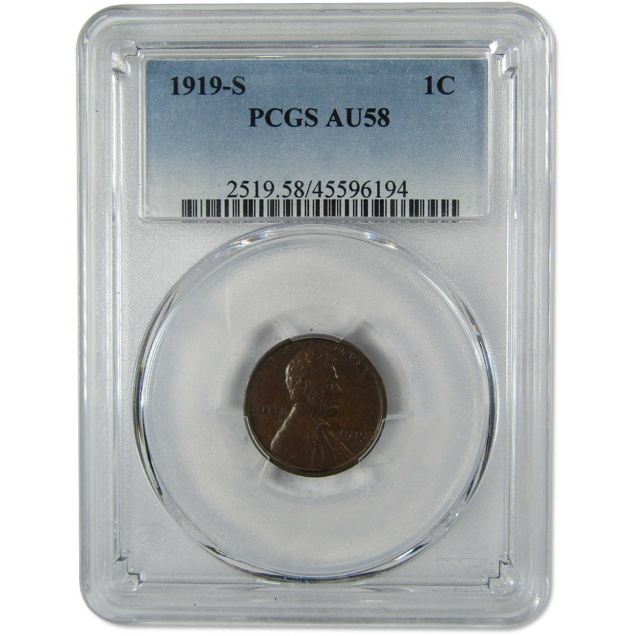 1919 S Lincoln Wheat Cent AU 58 PCGS Penny 1c Coin Collectible