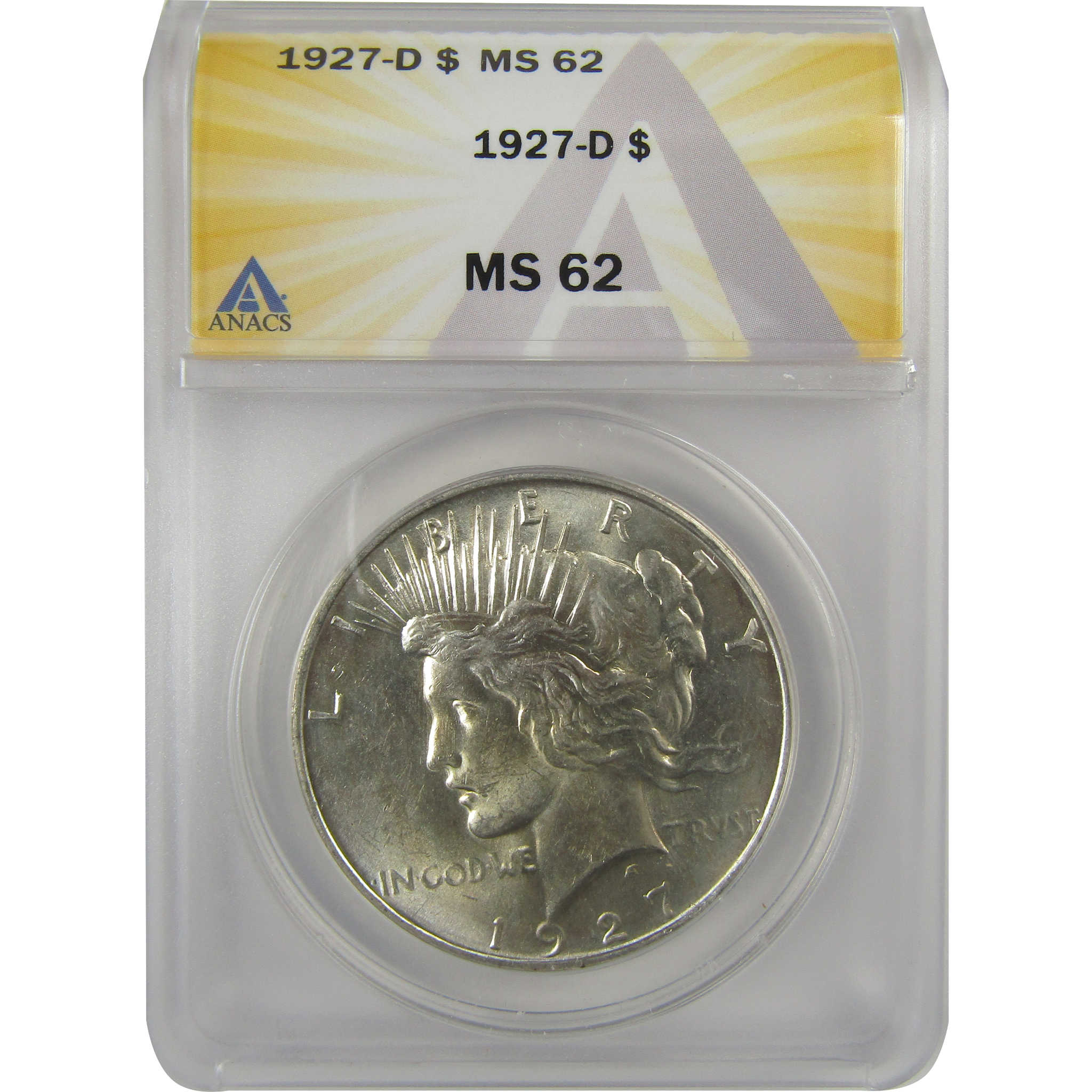 1927 D Peace Dollar MS 62 ANACS Silver Uncirculated $1 Coin SKU:I20434