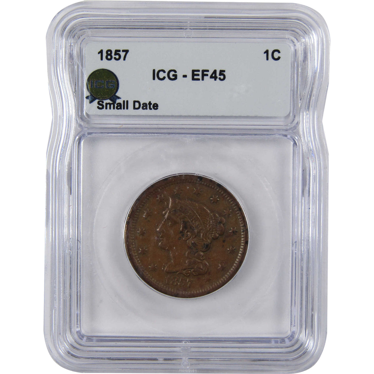 1857 Small Date Braided Hair Copper Large Cent EF 45 ICG SKU:I29128