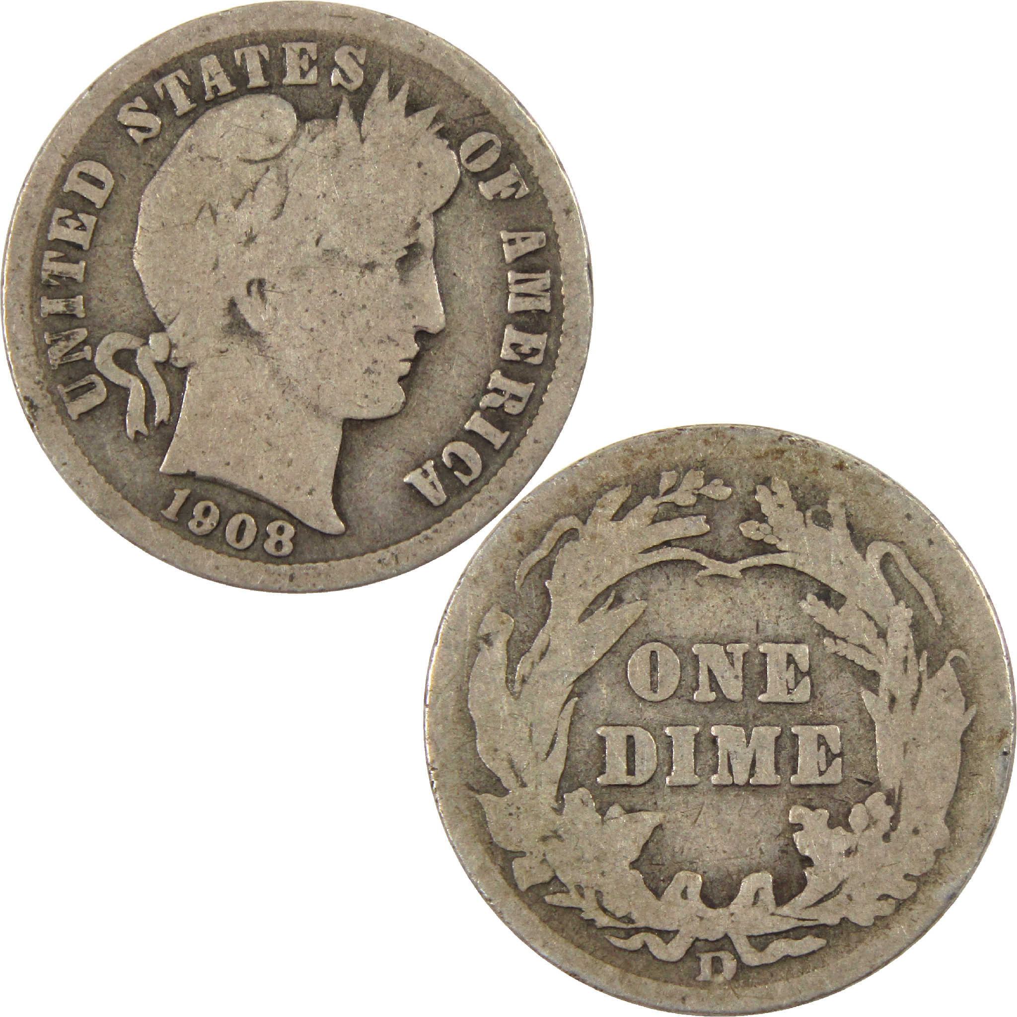 1908 D Barber Dime Circulated Silver 10c Coin Collectible
