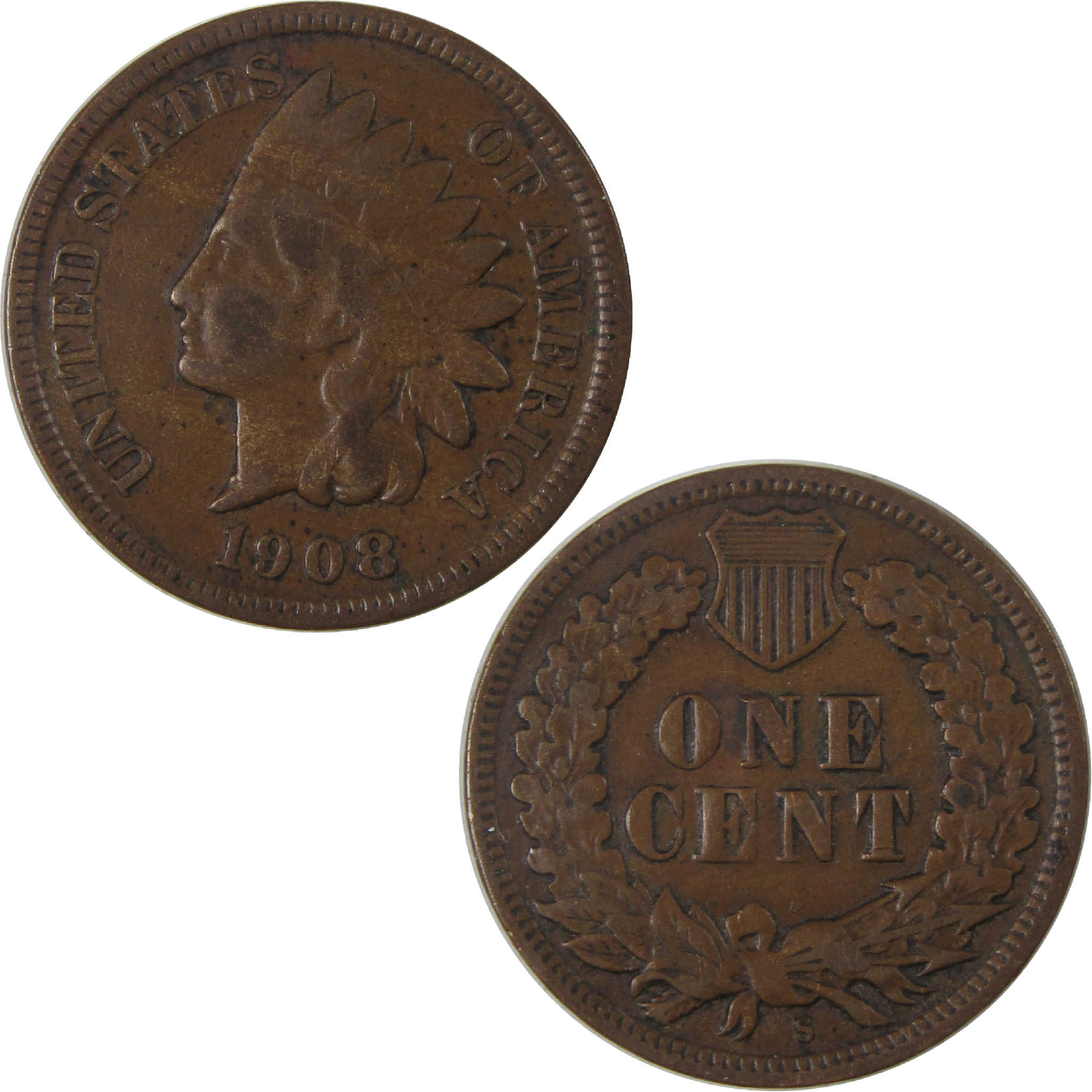 1908 S Indian Head Cent F Fine Penny 1c Coin SKU:I18121