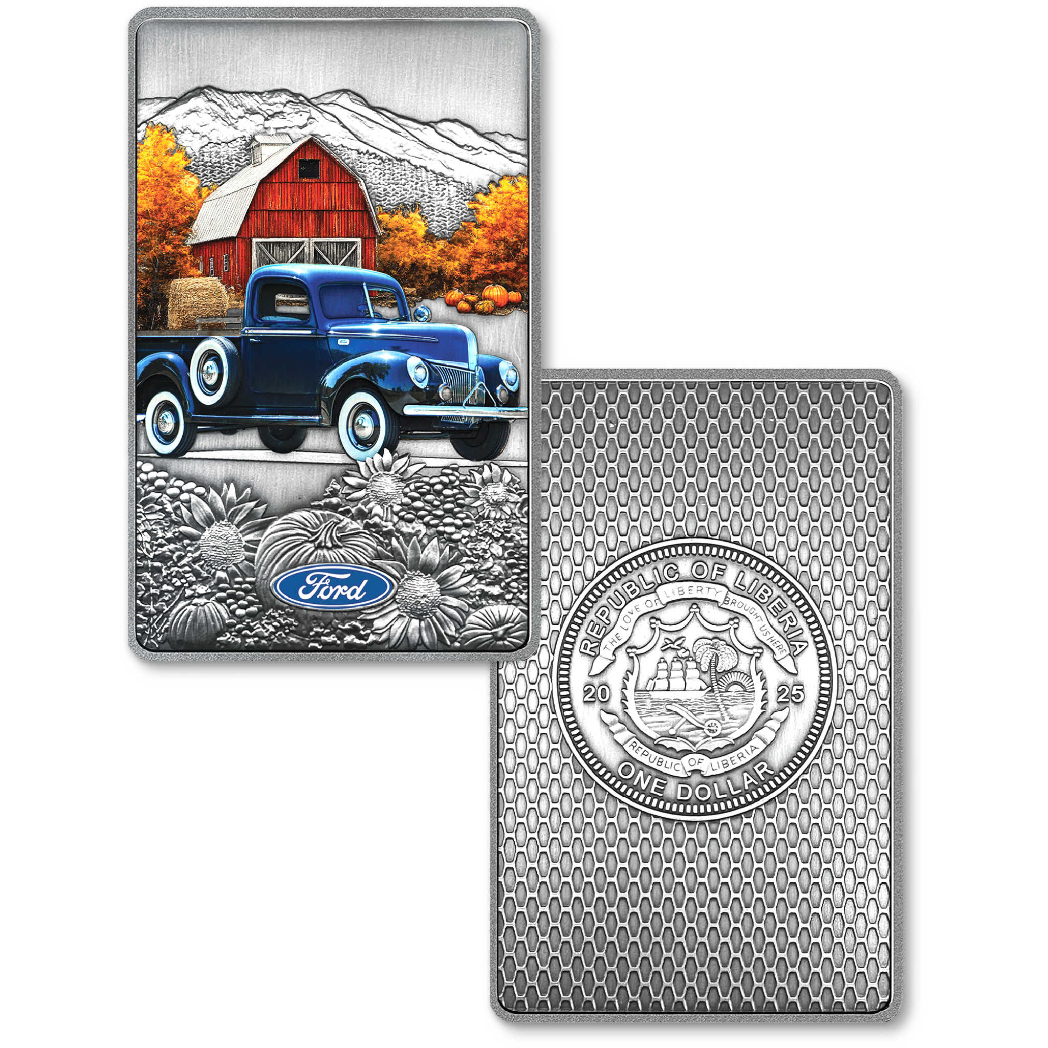 2025 Liberia Ford Autumn Truck White Brass Uncirculated $1 Coin Bar