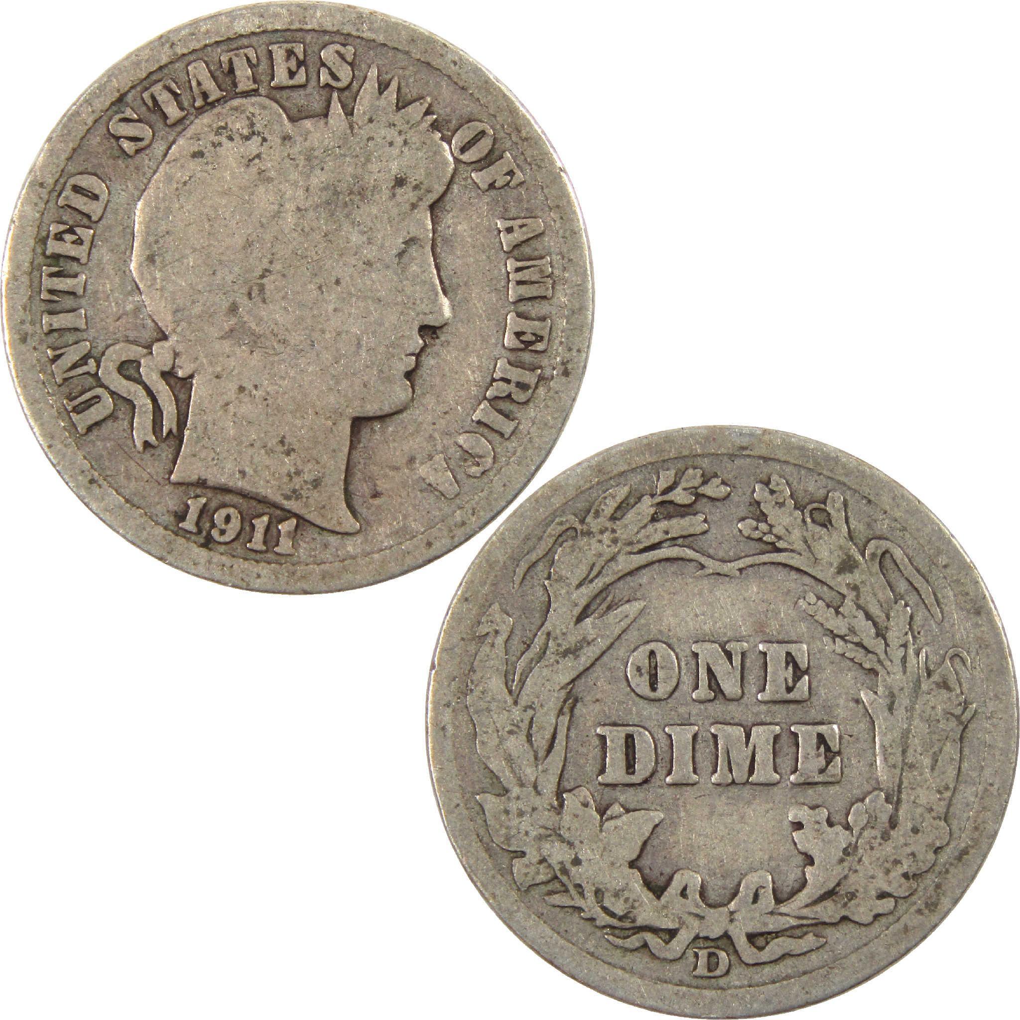 1911 D Barber Dime Circulated Silver 10c Coin Collectible