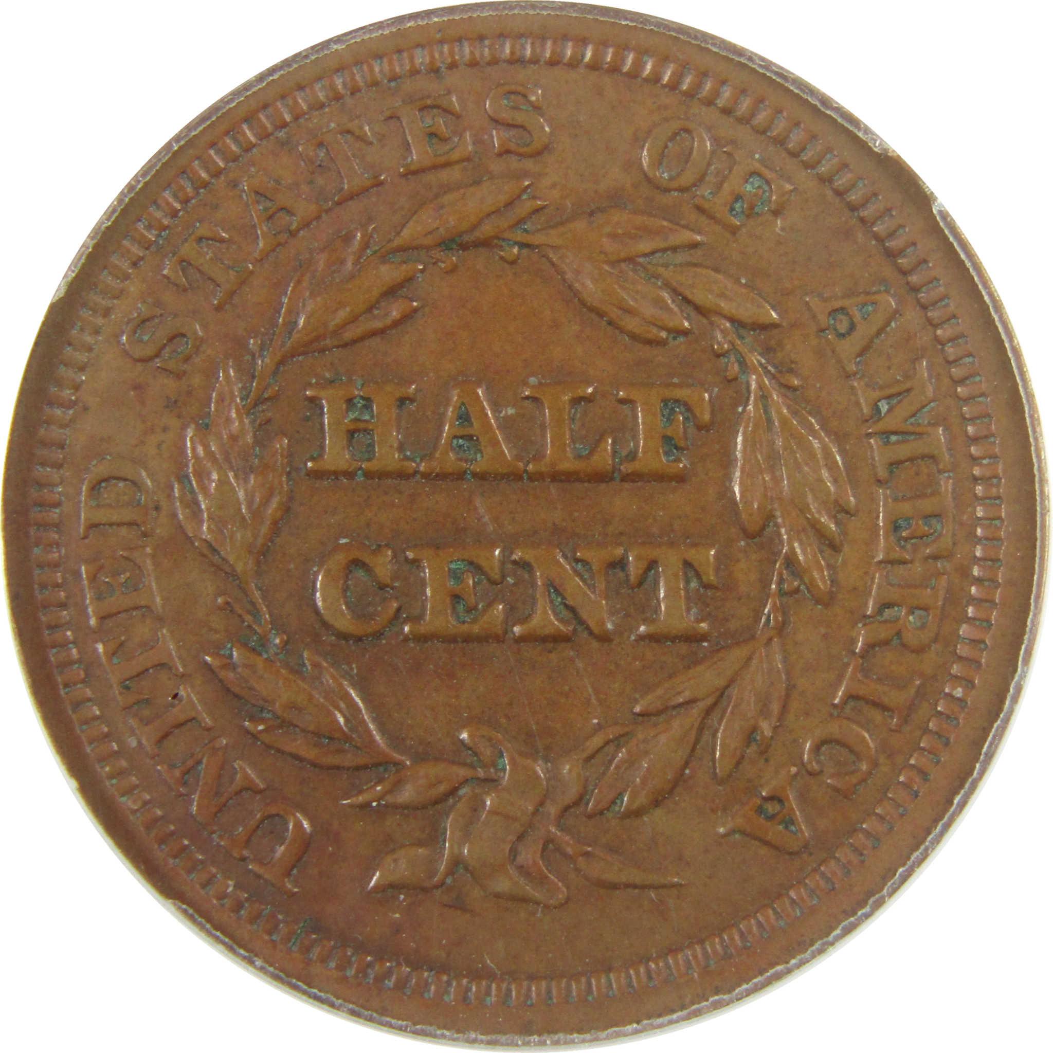 1853 Braided Hair Copper Half Cent AU 53 Details ANACS SKU:I28028