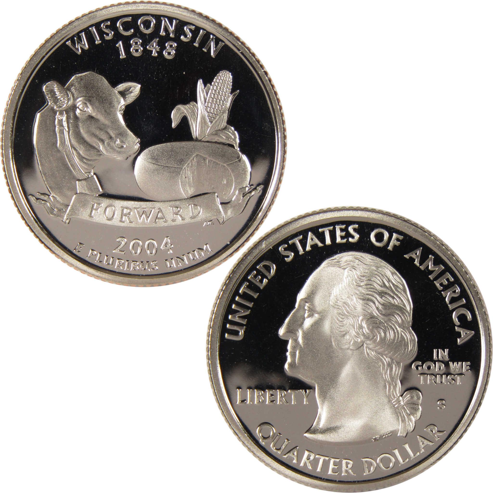 Wisconsin 2004 state quarter featuring cow, corn, cheese and George Washington portrait