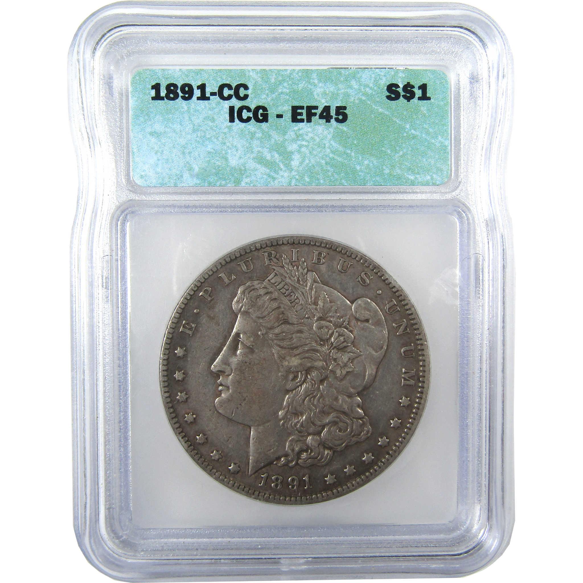 1891 CC Morgan Silver Dollar EF 45 ICG $1 Coin Collectible SKU:I27438 - Morgan coin - Morgan silver dollar - Morgan silver dollar for sale - Profile Coins & Collectibles