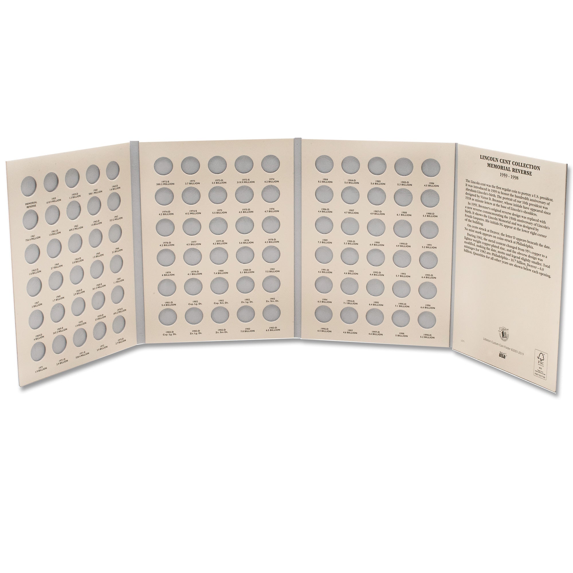 1959-1998 Lincoln Memorial Cent Folder Littleton Coin Company