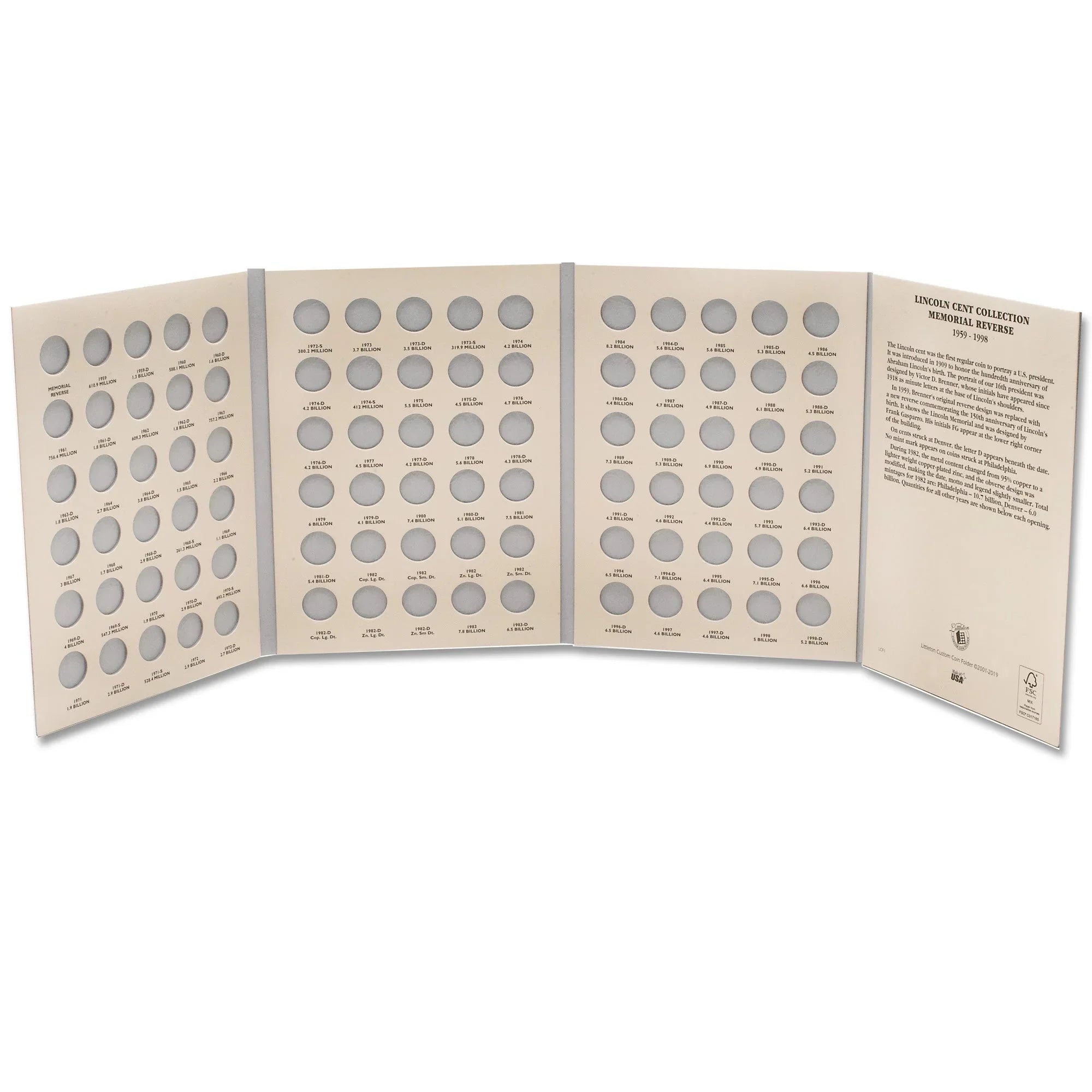 1959-1998 Lincoln Memorial Cent Folder Littleton Coin Company