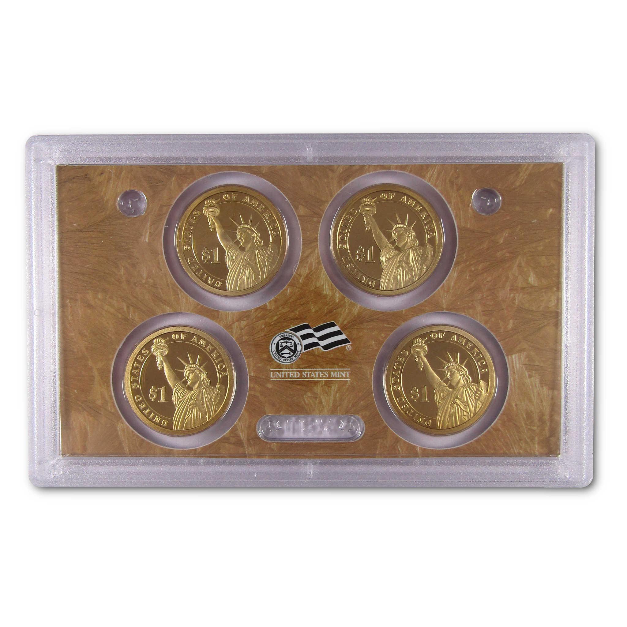 United States Mint collectible coin set with four $1 gold coins in a clear display case