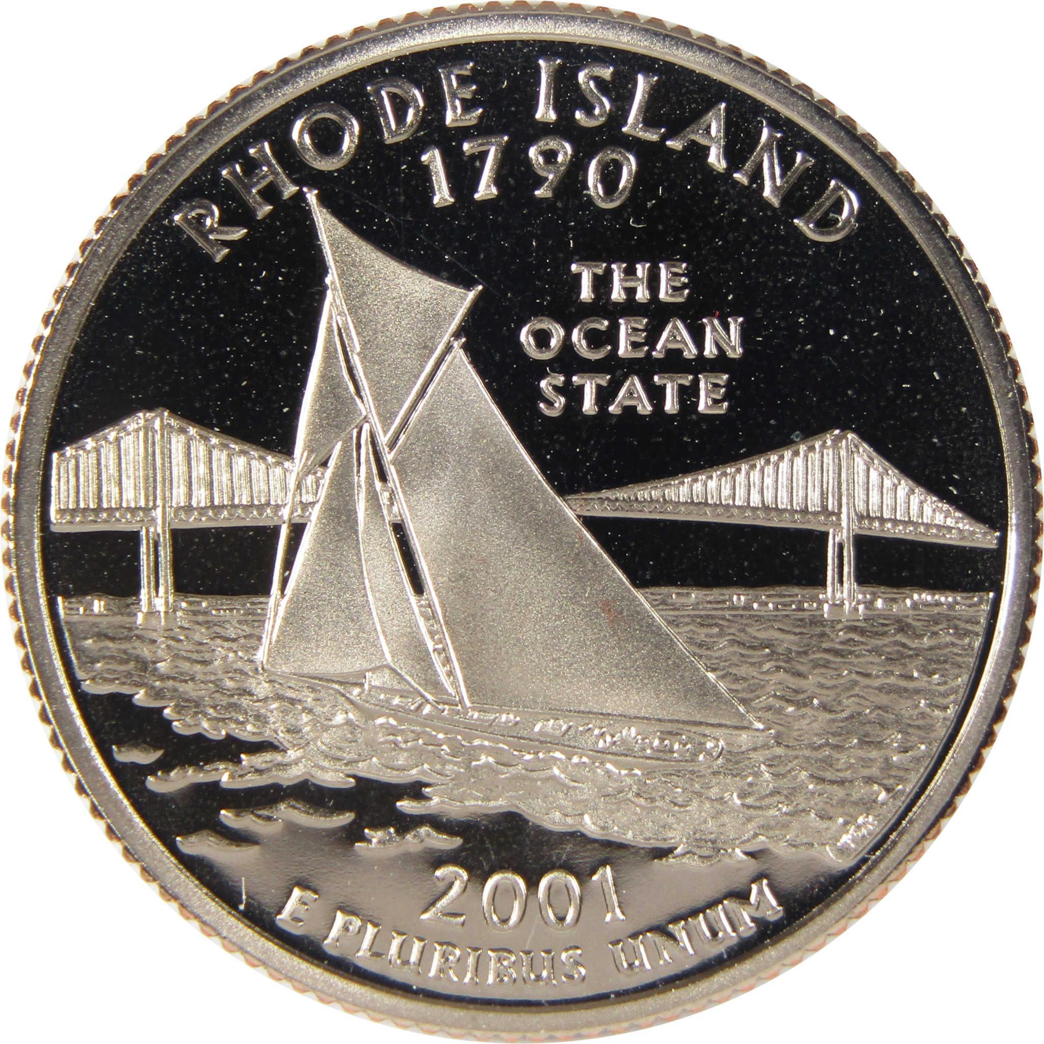 Rhode Island 2001 state quarter featuring a sailboat and bridge design, collectible coin