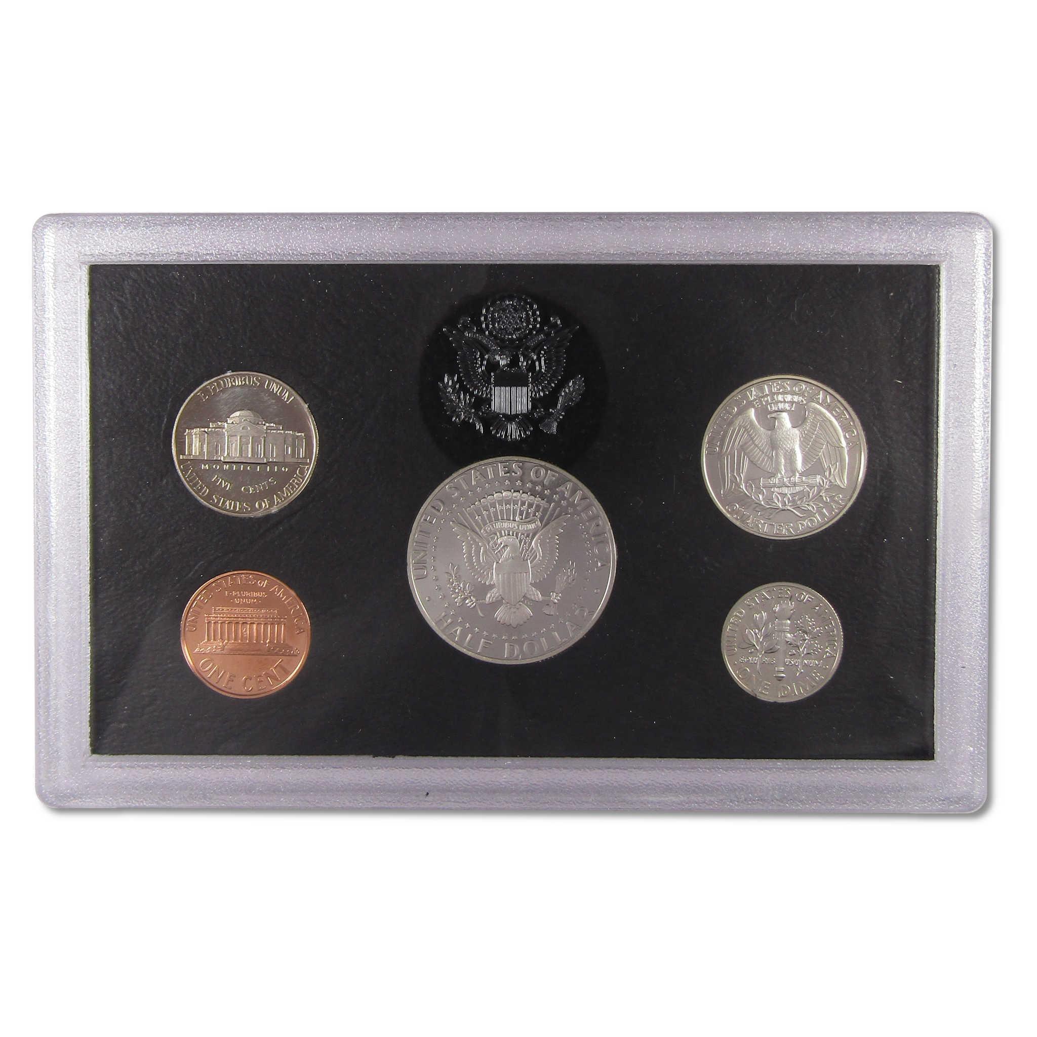 United States collectible coin set in a display case, featuring penny, nickel, dime, quarter, and half dollar coins.