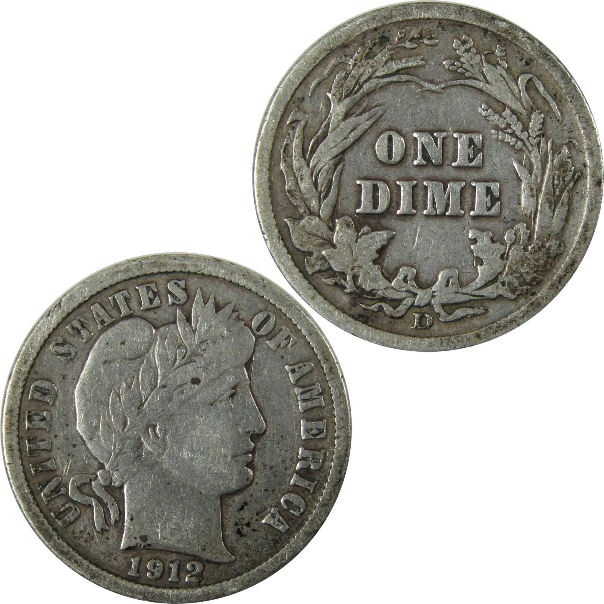 1912 D Barber Silver Dime F Fine Details 10c Coin SKU:CP968