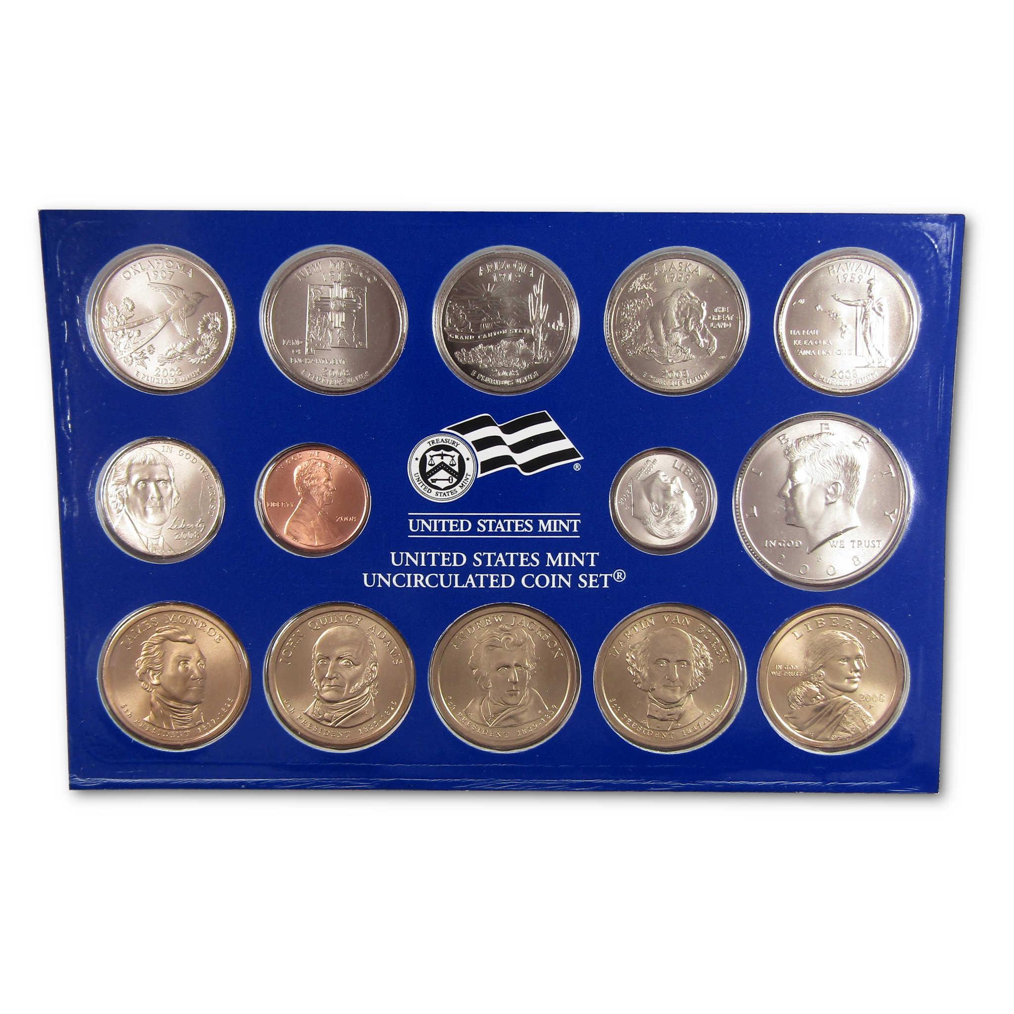 United States Mint uncirculated coin set with various collectible coins on blue display