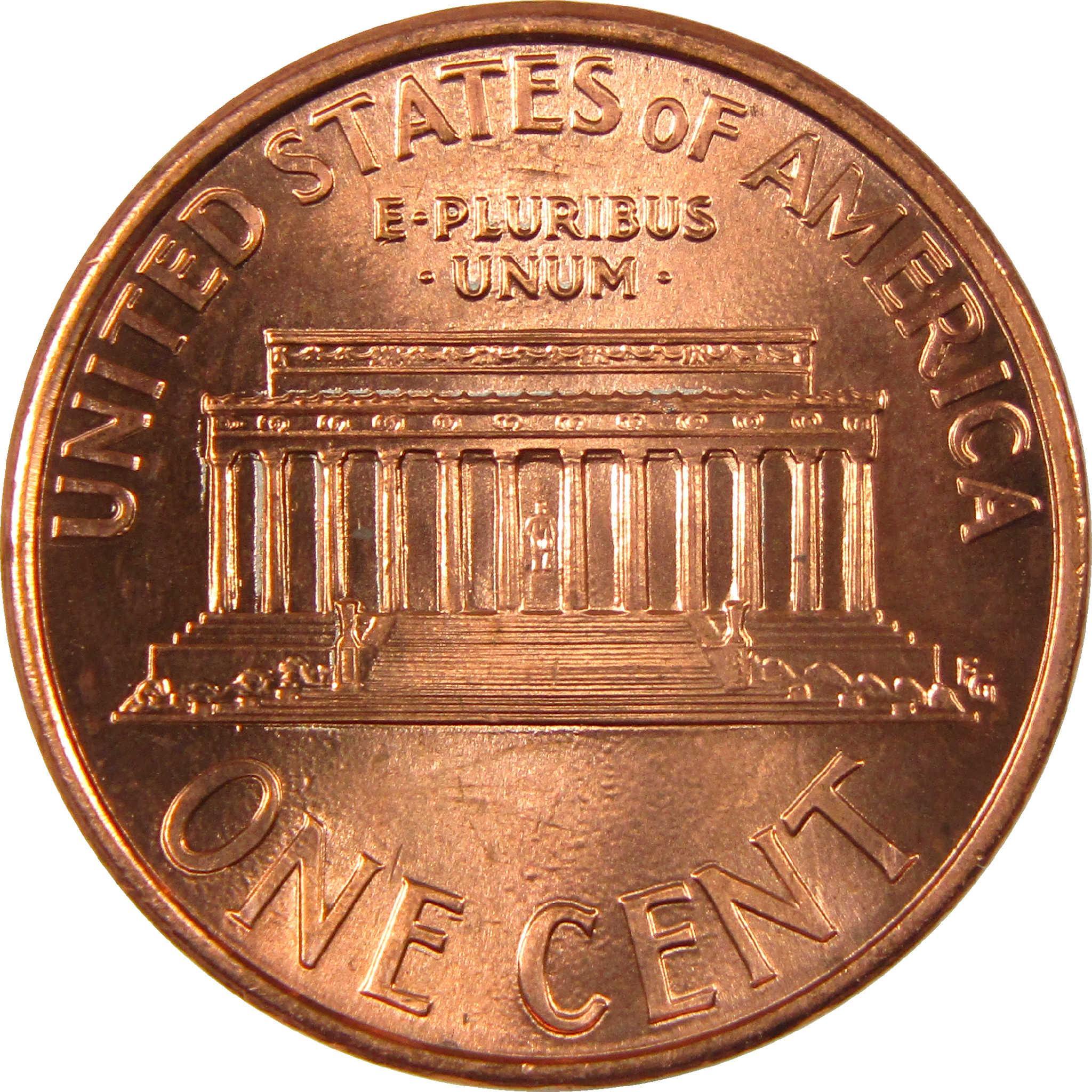 Reverse side of a one cent US Lincoln Memorial penny coin, copper color, collectible coin