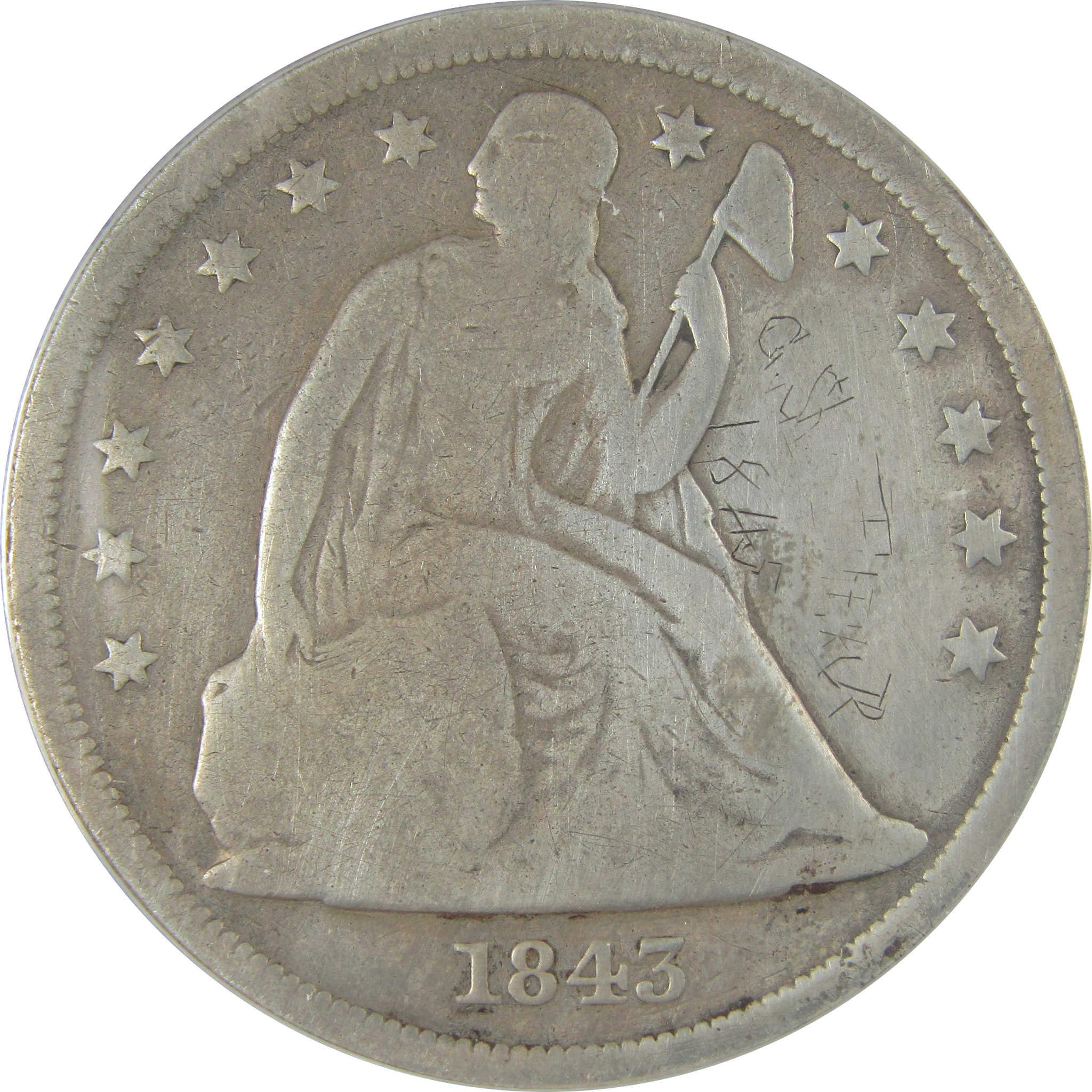 1843 Seated Liberty Dollar G 4 Details ANACS Silver $1 Coin SKU:I22974