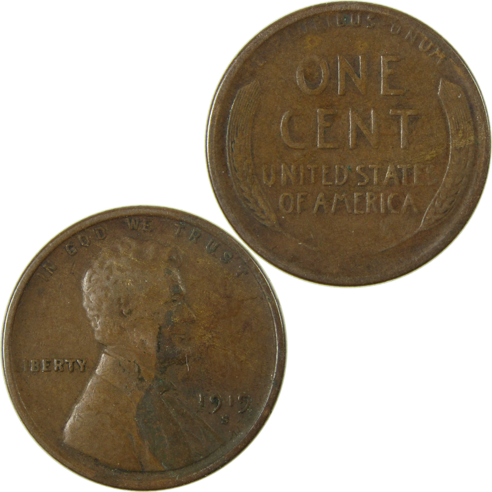 1919 S Lincoln Wheat Cent F Fine Penny 1c Coin SKU:I26841