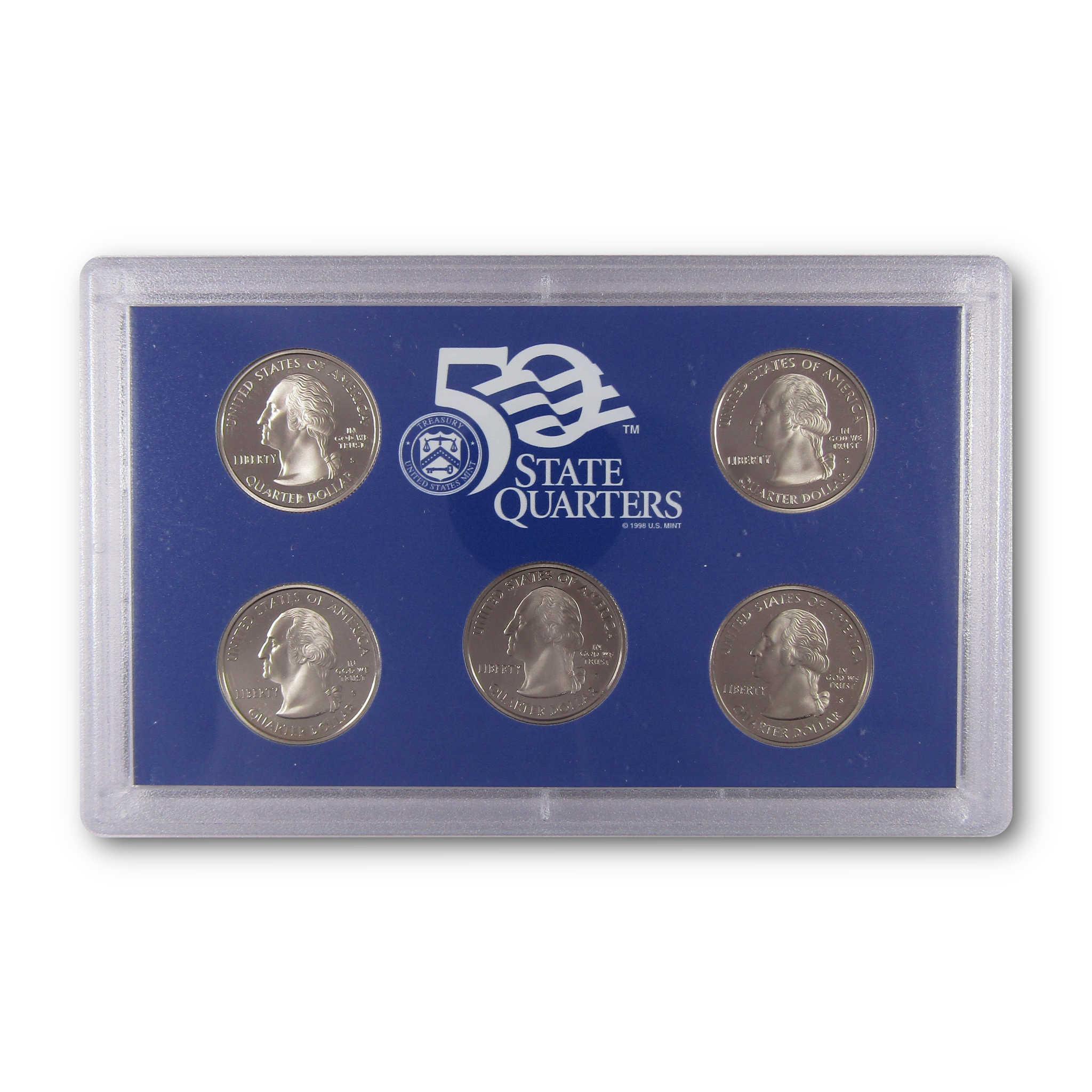 50 State Quarters collectible coin set in clear display case on blue background