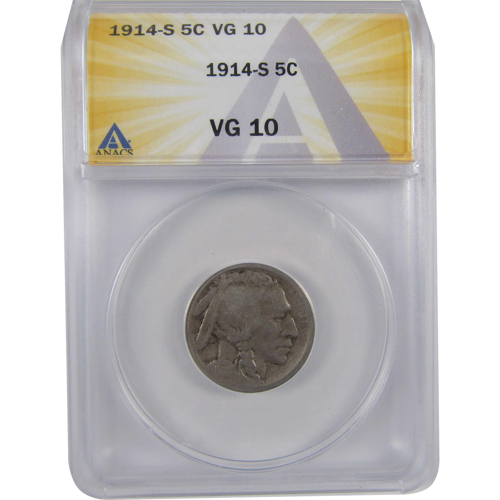 1914 S Indian Head Buffalo Nickel VG 10 ANACS 5c Coin SKU:I18422