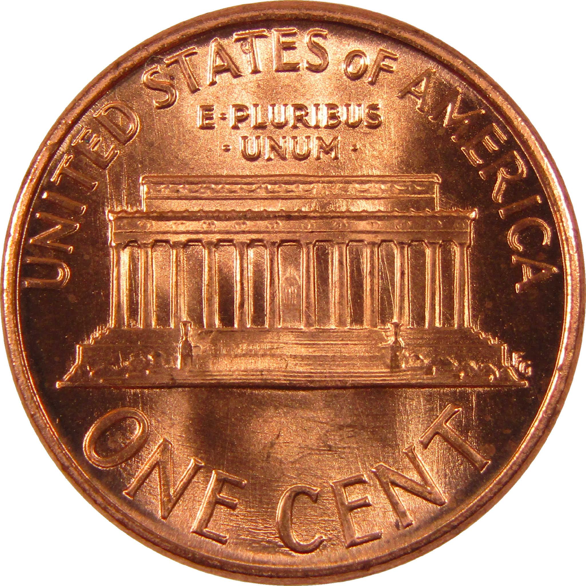 Reverse side of a United States Lincoln Memorial one cent coin, copper color, collectible