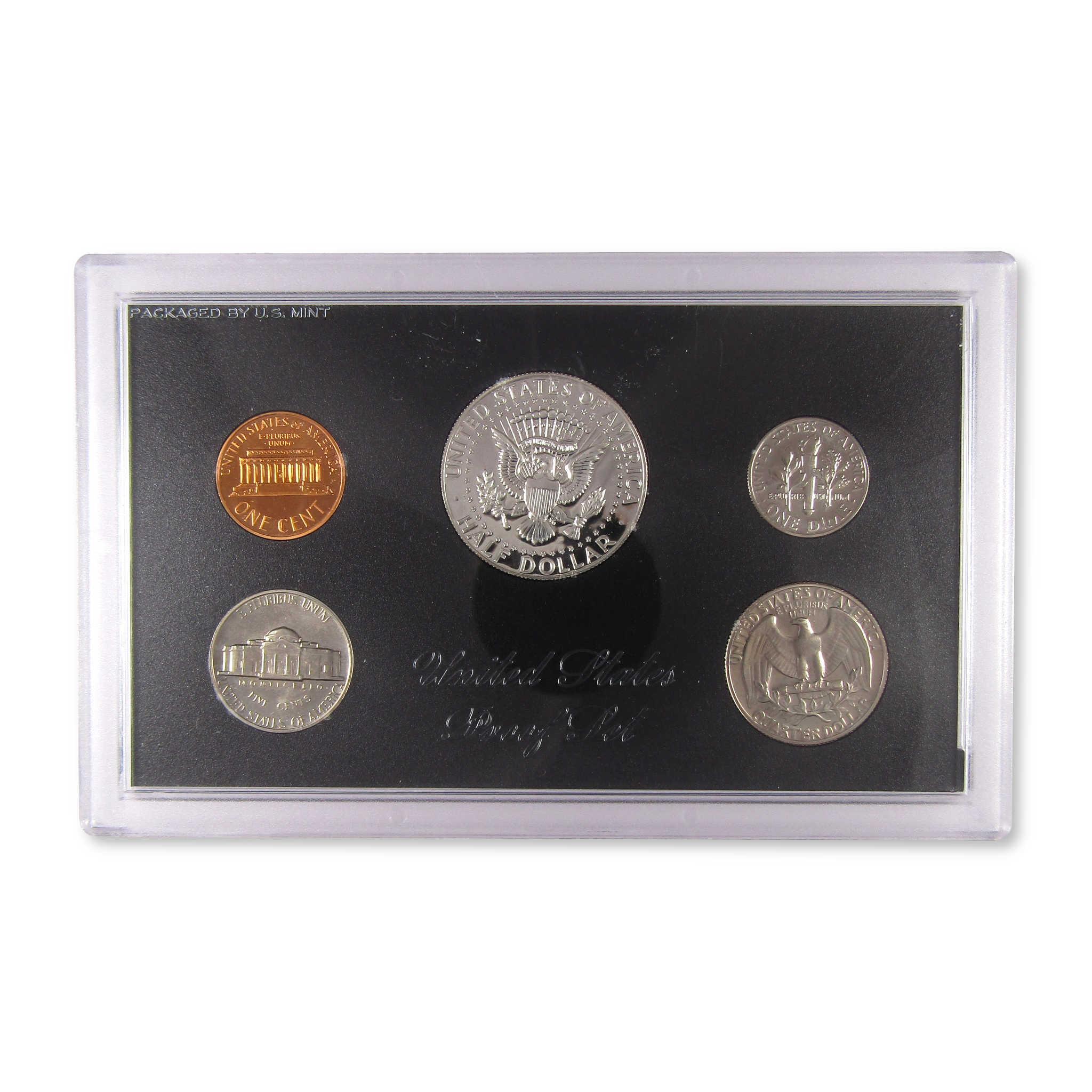 United States proof coin set in clear display case with five collectible coins
