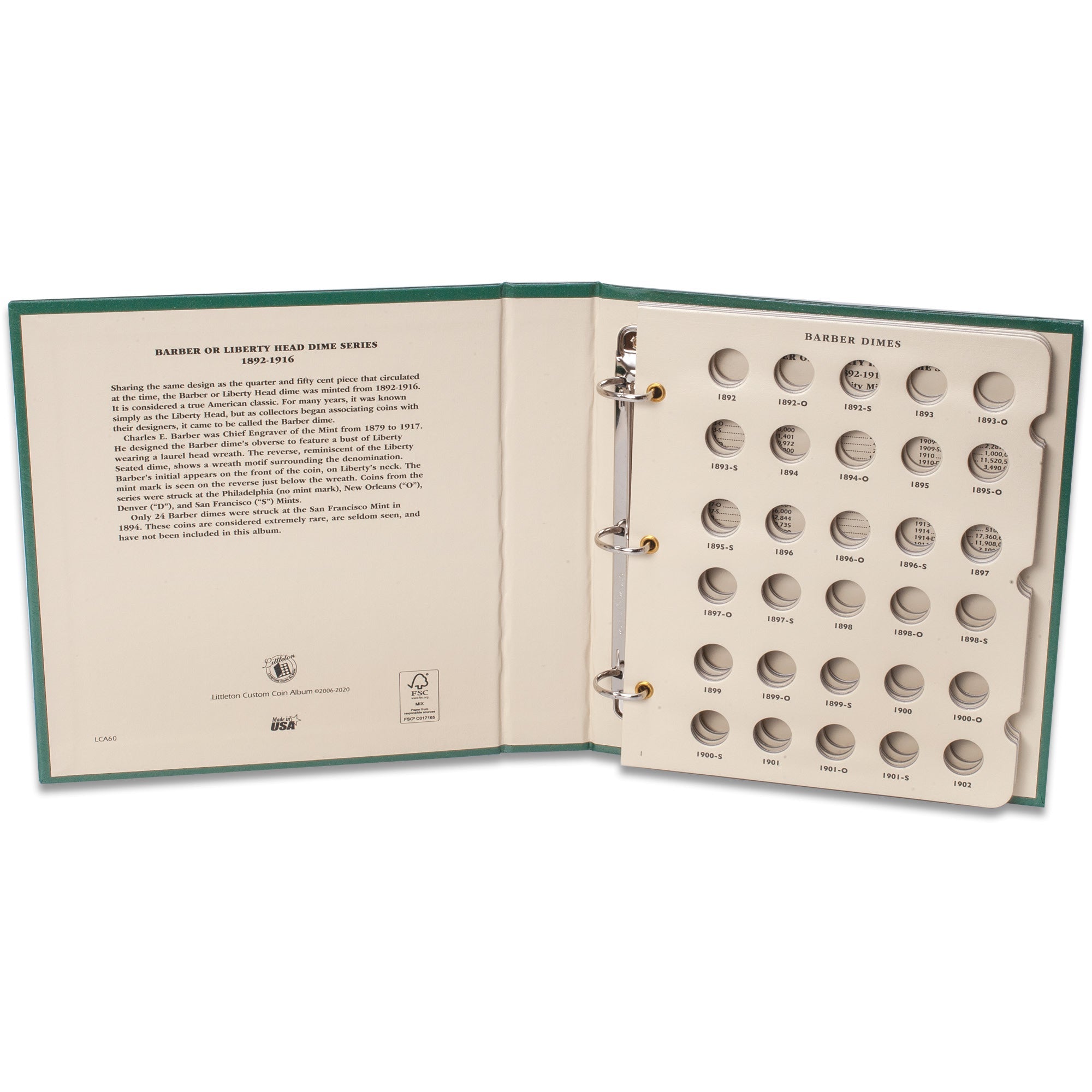 1892-1916 Barber Dime Coin Album Littleton Coin Company