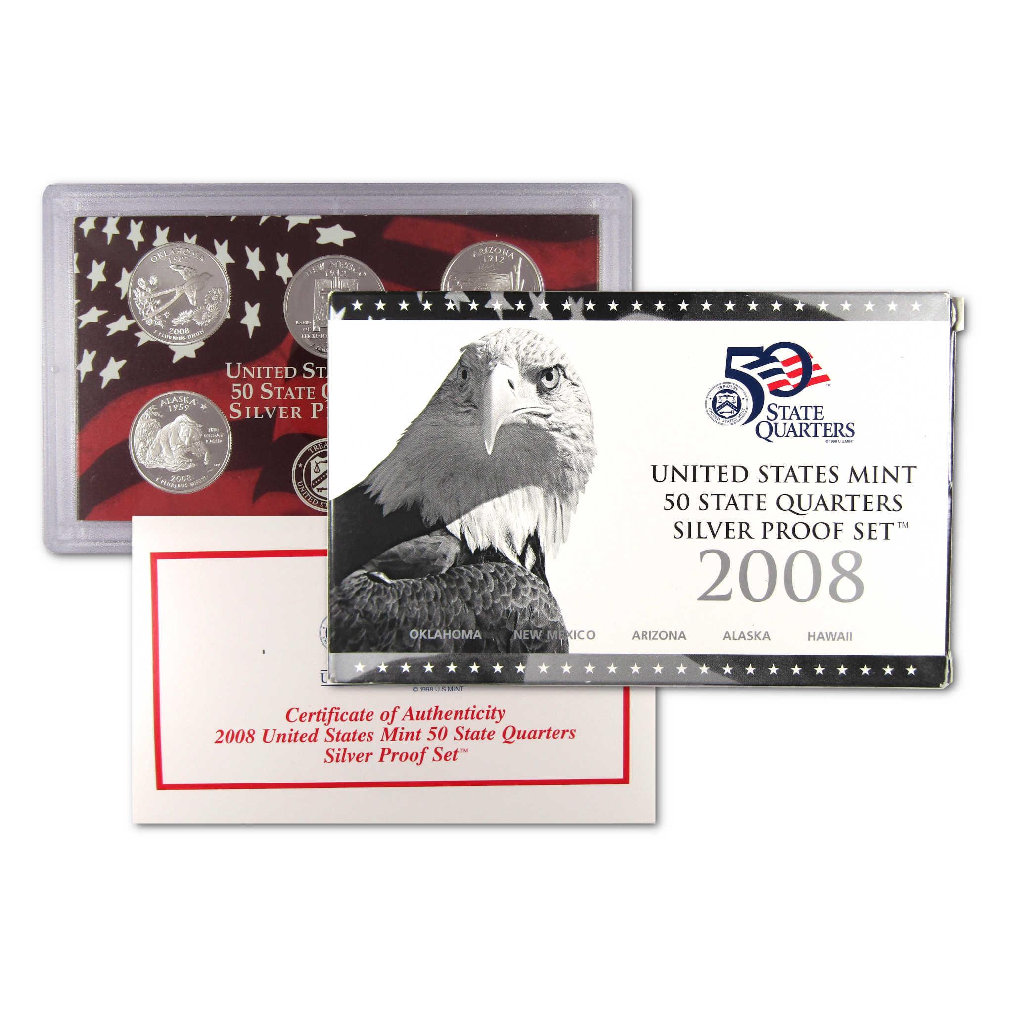 2008 United States Mint 50 State Quarters Silver Proof Set with case and certificate