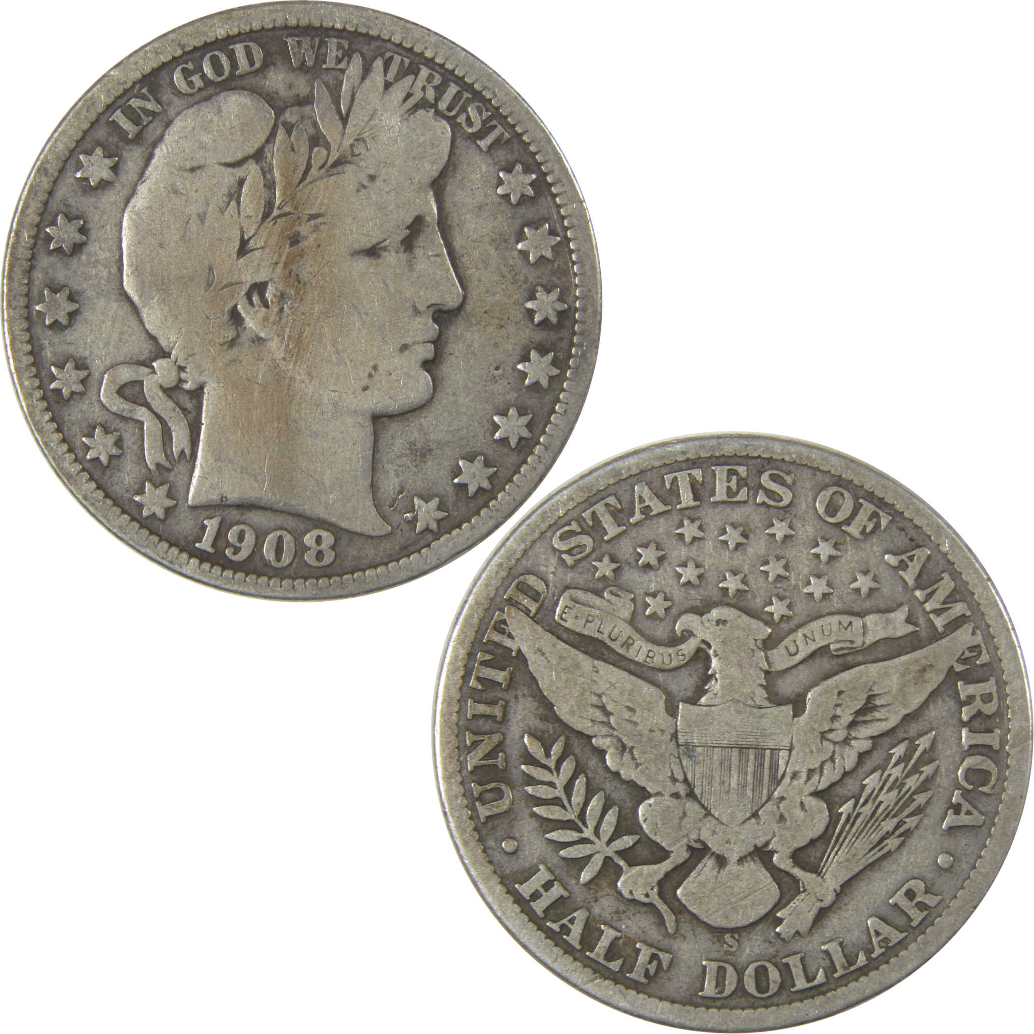 1908 S Barber Half Dollar VG Very Good Silver 50c Coin SKU:I22761