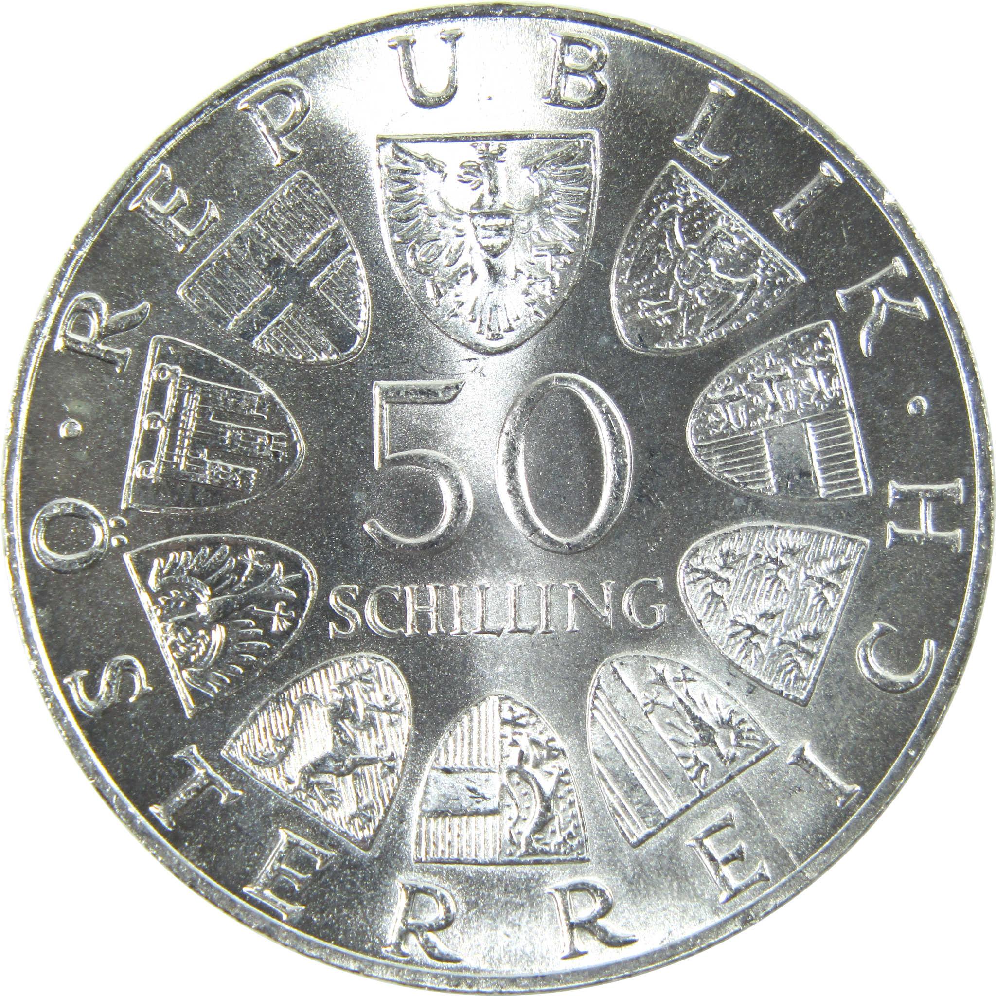 1974 Austria Salzburg Cathedral 50 Schilling Uncirculated Silver Coin