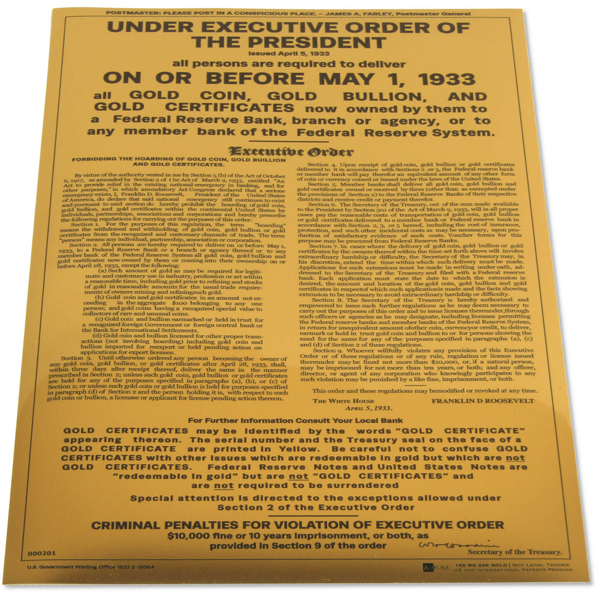 Reproduction of FDR's 1933 Gold Recall Order 24K Gold Collectible