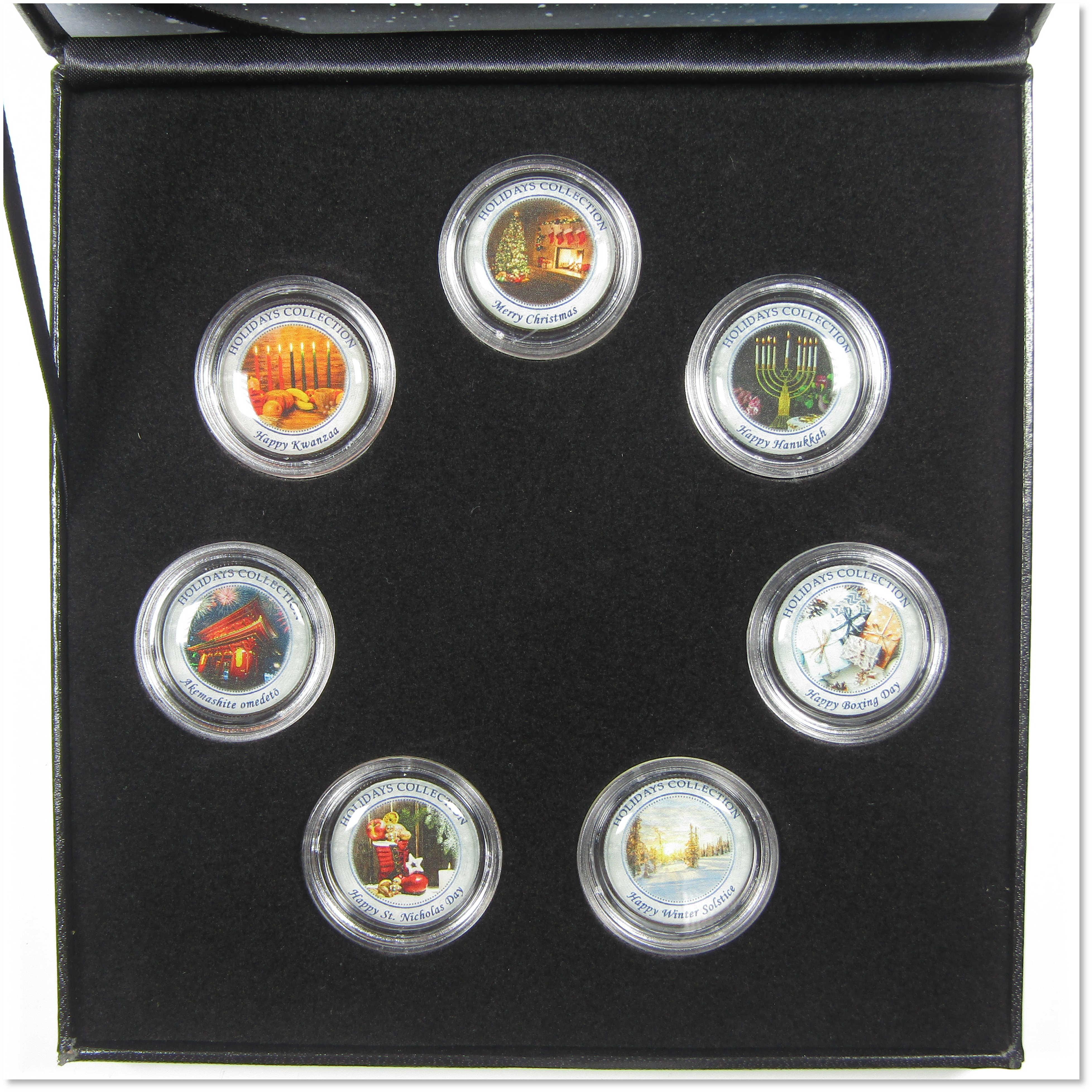 Happy Holidays 7 Coin Colorized Quarter Collection with Display Case