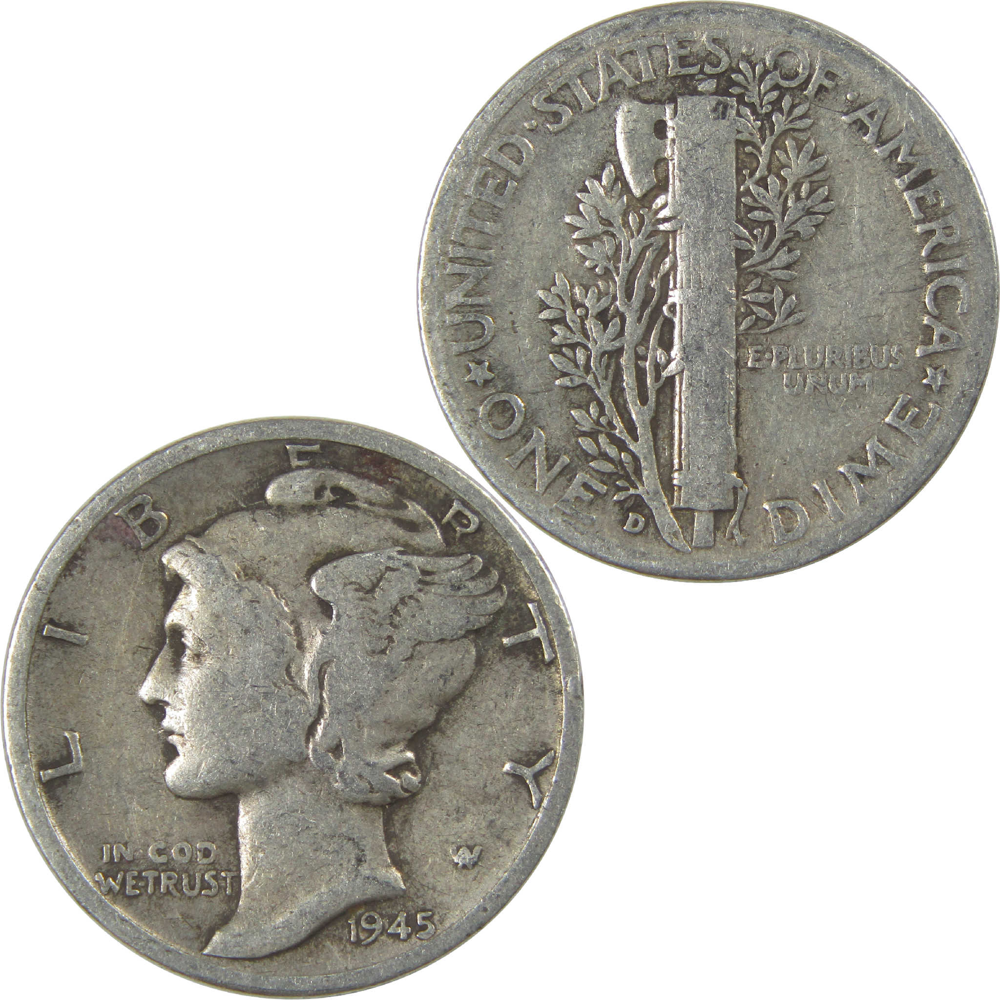 1945 D Mercury Dime Circulated Silver 10c Coin Collectible