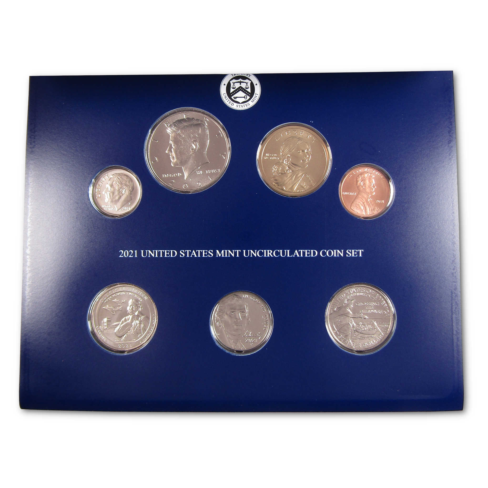 2021 United States Mint uncirculated coin set in blue display holder, seven coins visible