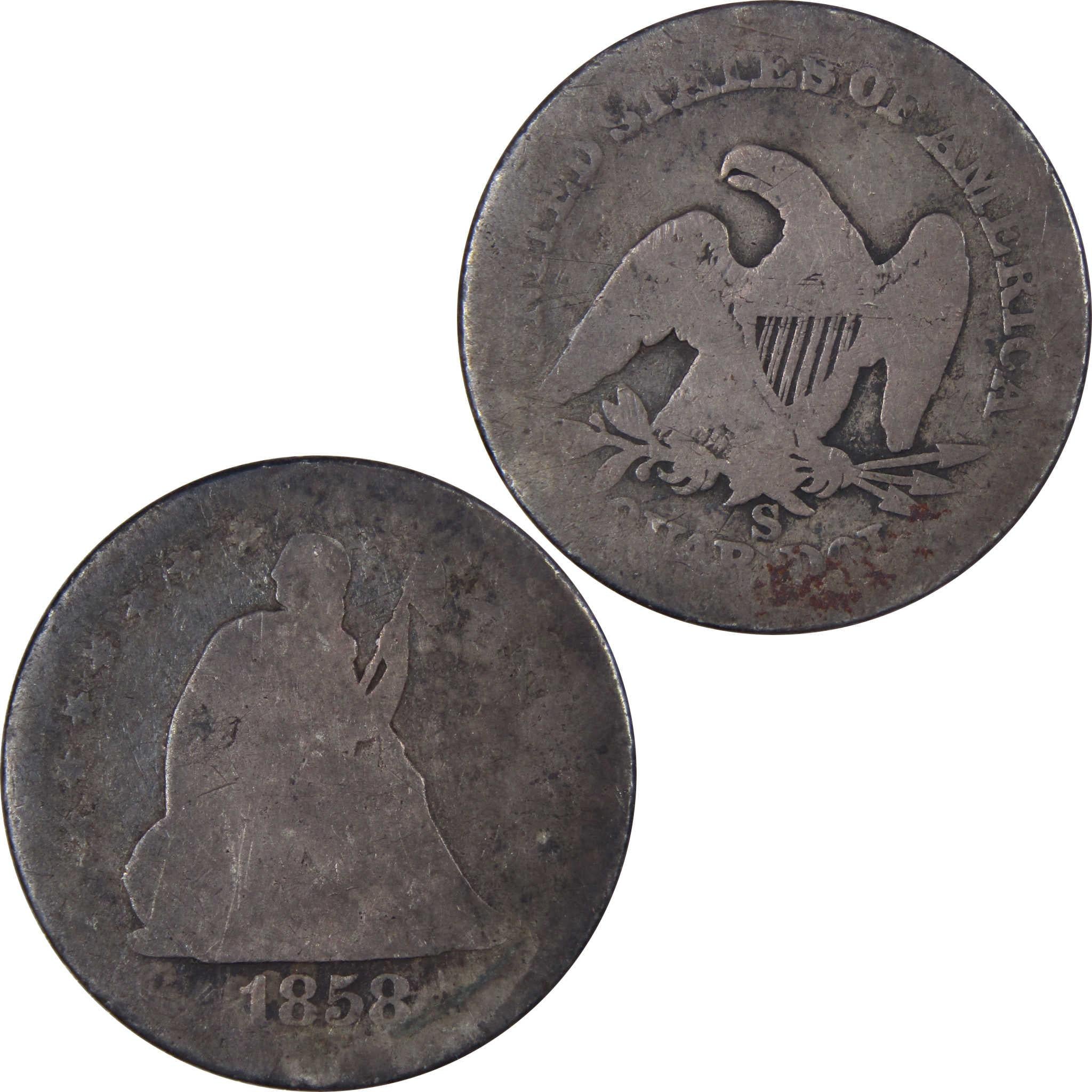 1858 S Seated Liberty Quarter AG About Good 90% Silver 25c SKU:IPC8135