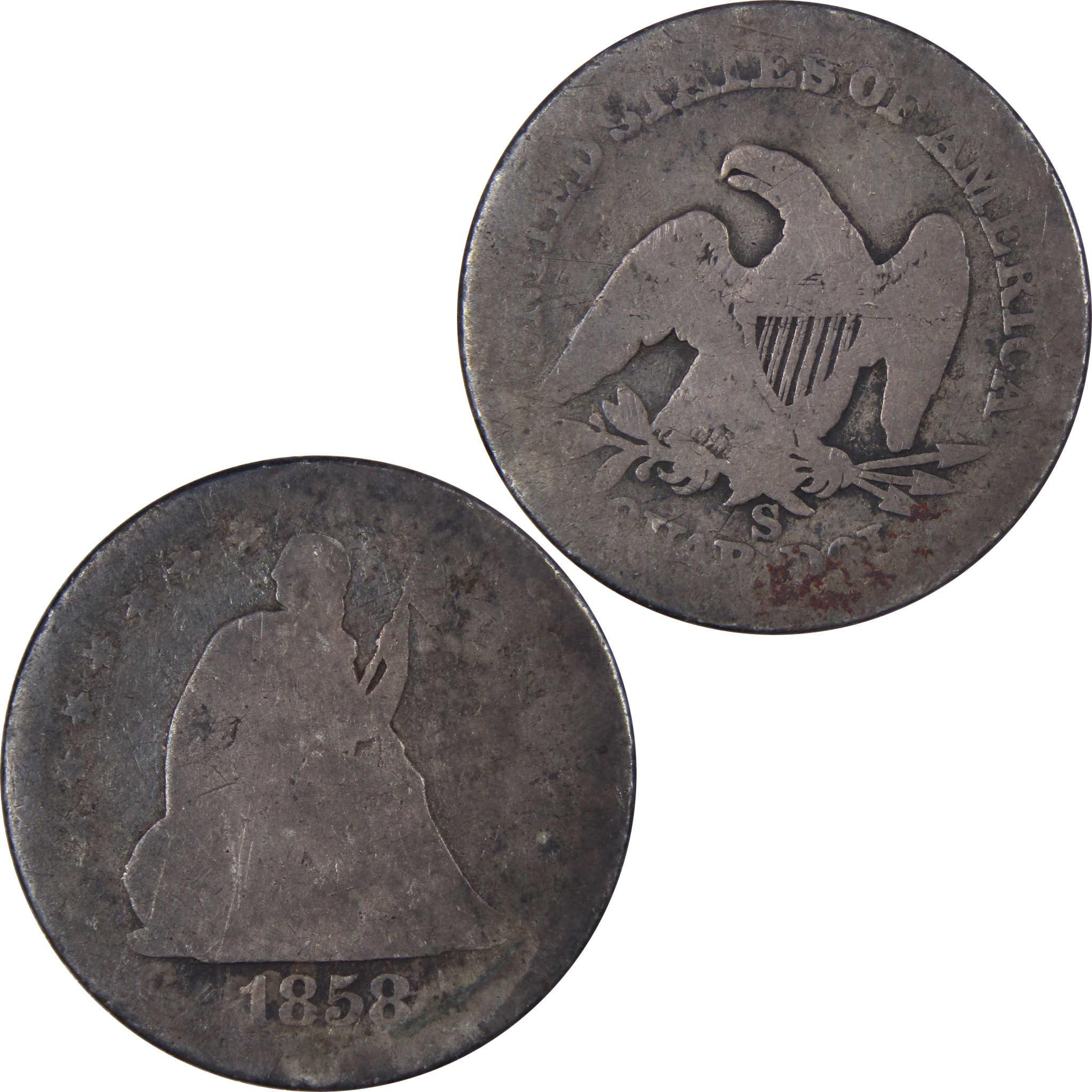 1858 Seated Liberty quarter, collectible silver coin, obverse and reverse shown