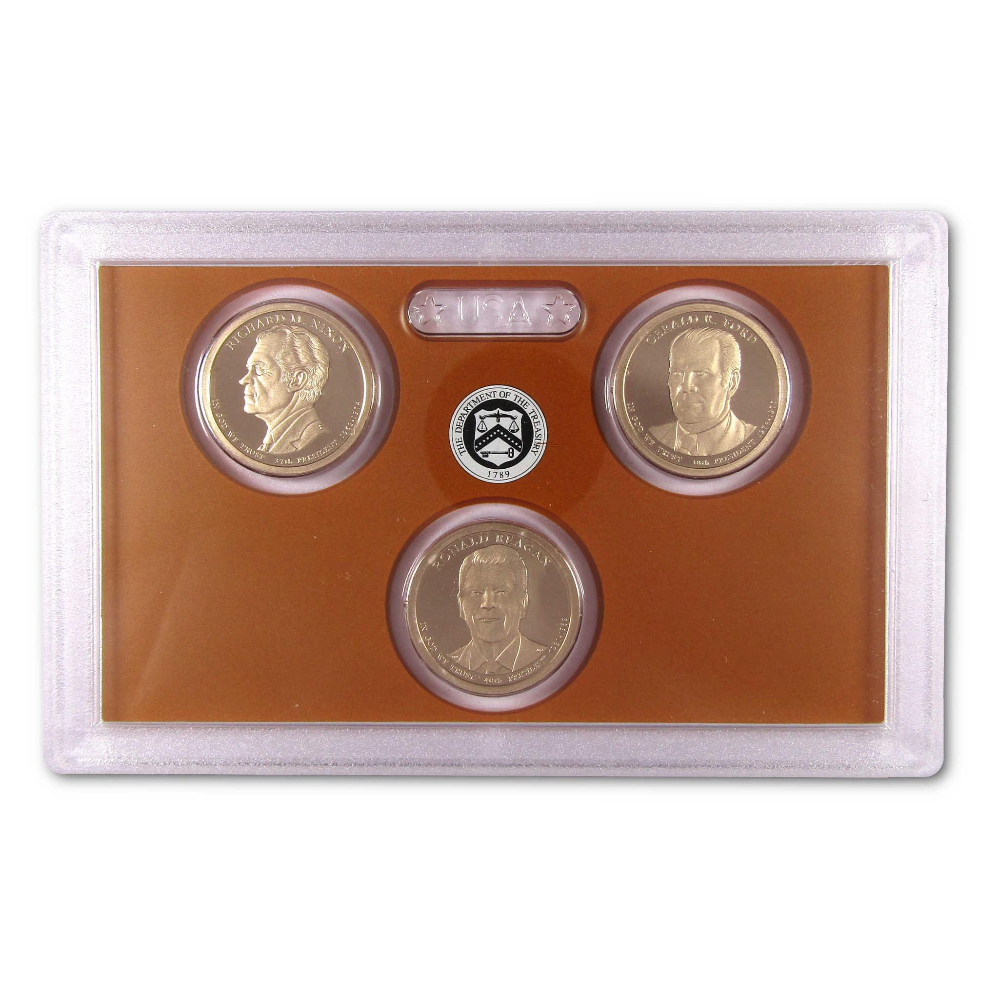 Presidential dollar coin set in protective case, collectible US currency display