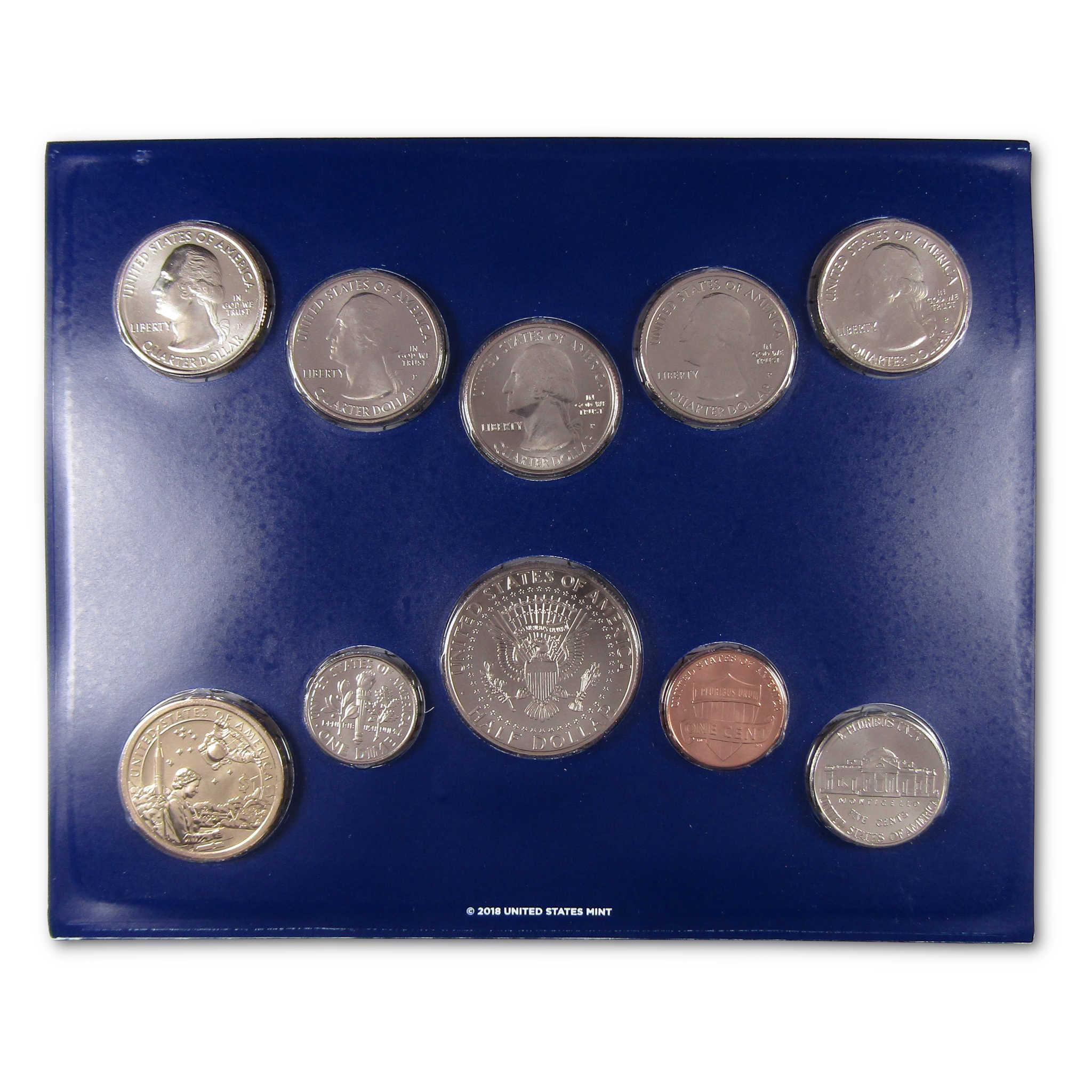 2018 United States Mint proof coin set in blue display, collectible coins assortment