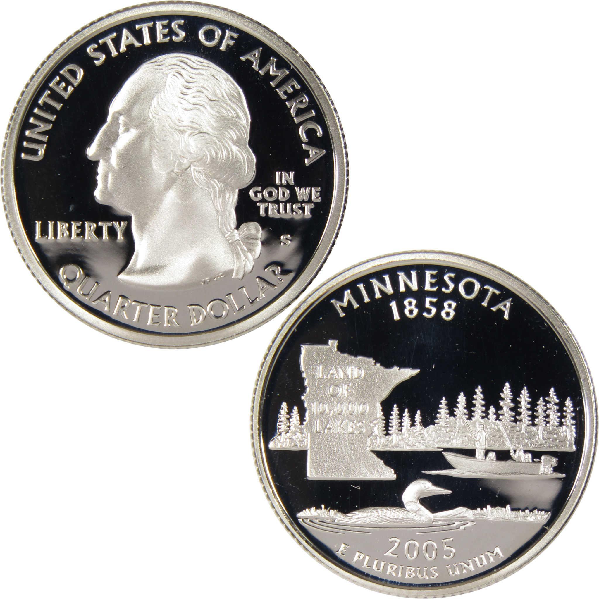 2005 Minnesota state quarter featuring George Washington and lake scene with loon and fishermen.