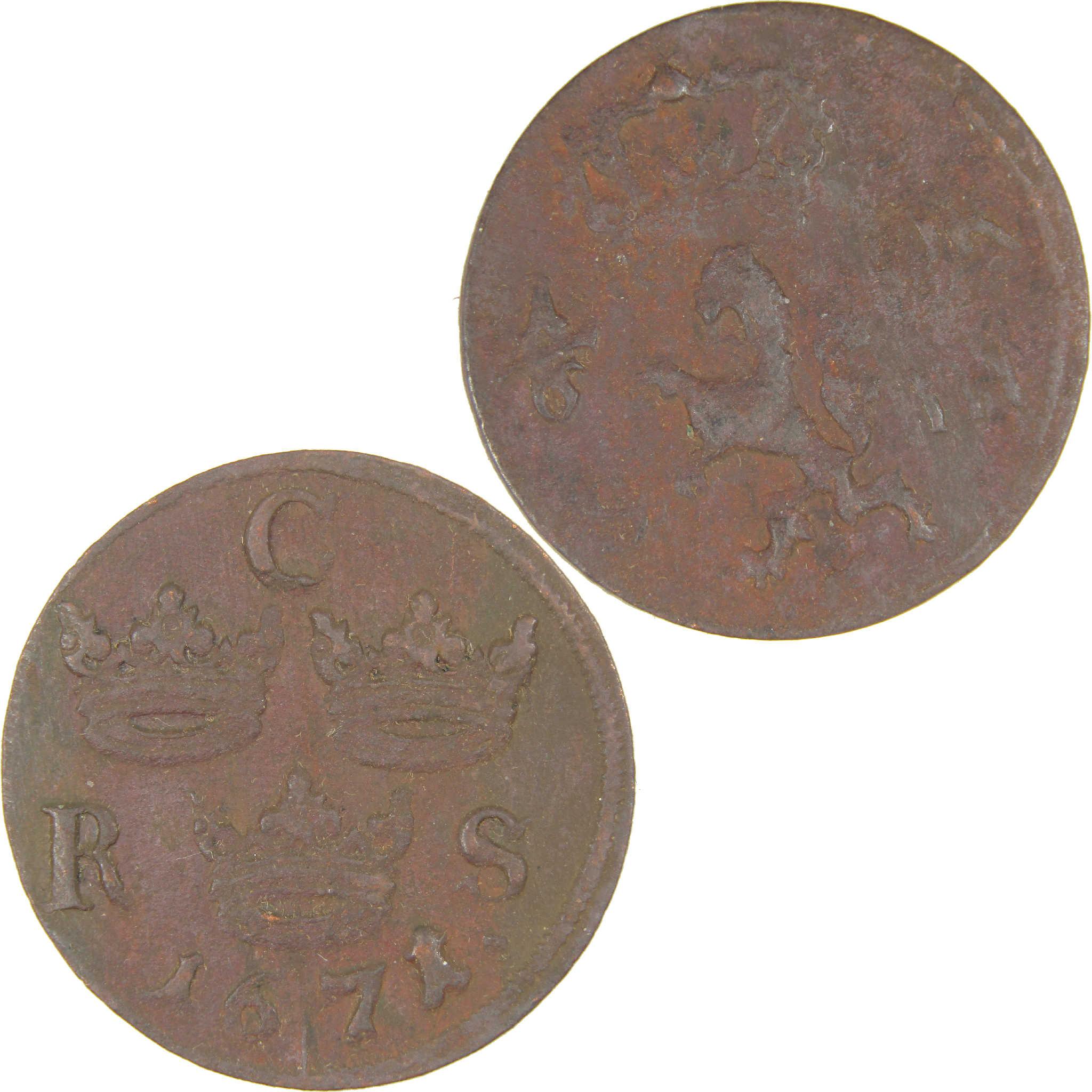 1666-1686 Charles XI 1/6 Ore XF EF Extremely Fine Copper Coin