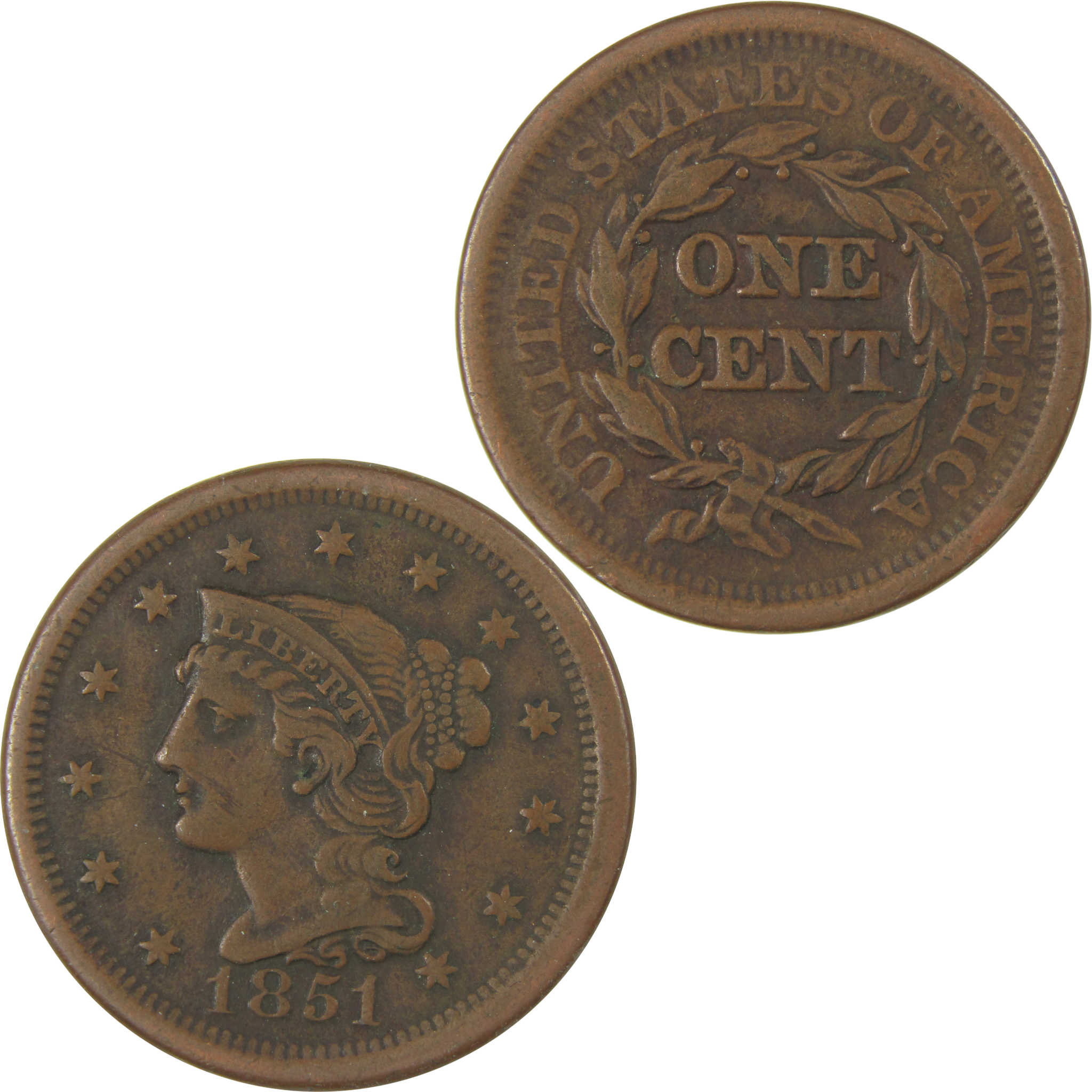 1851 Braided Hair Copper Large Cent VF Very Fine Penny SKU:I23855